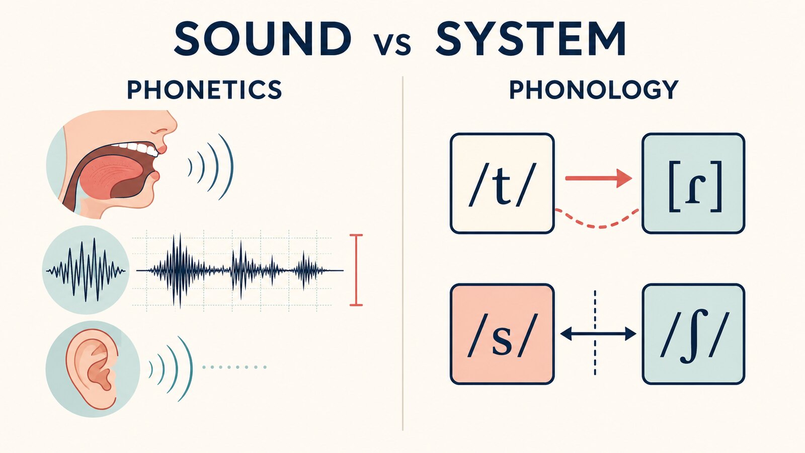 音声学が発音・音波・聴覚を、音韻論が音素の対立や異音の規則を扱うことを示した図