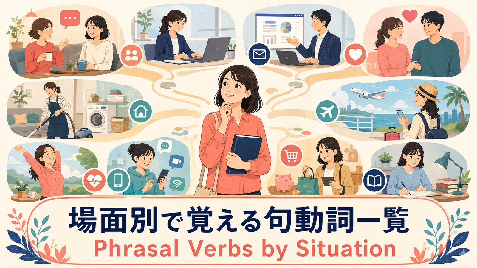 日常会話・仕事・旅行・家事など10場面から句動詞を探せる学習マップ