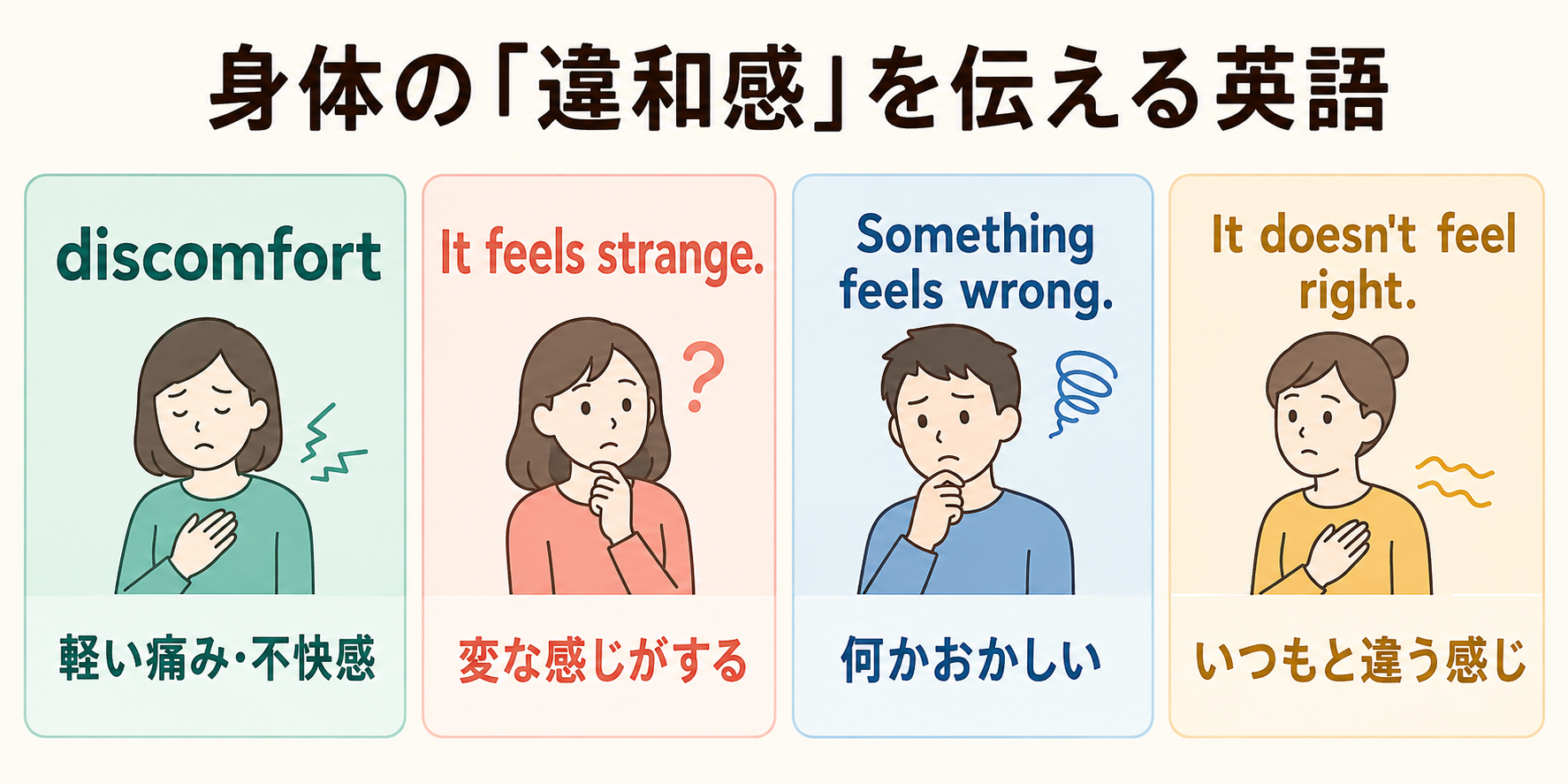 身体の違和感を伝える英語：discomfort、It feels strange、Something feels wrong、It doesn't feel right