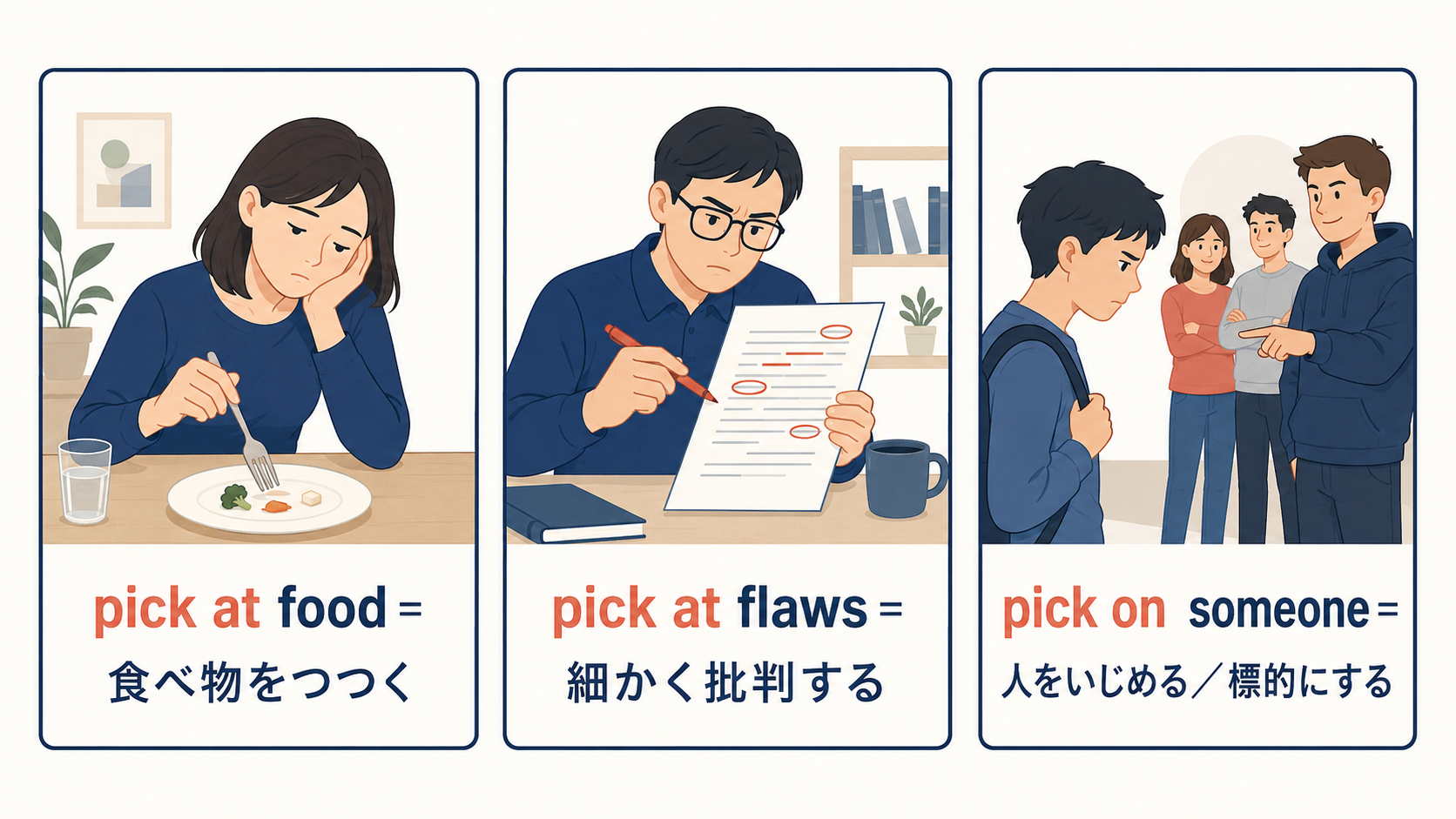 pick at foodとpick at flawsとpick on someoneの意味の違いを示す解説イラスト