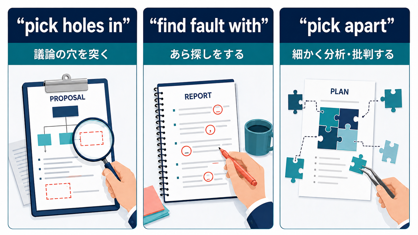 pick holes in、find fault with、pick apartのニュアンスの違いを示す比較図