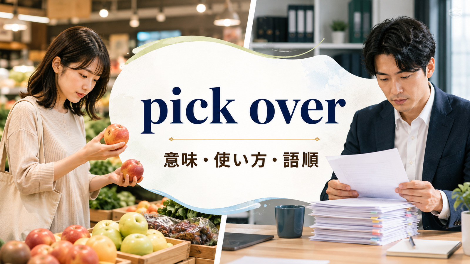 pick overの意味・使い方・語順を解説するアイキャッチ