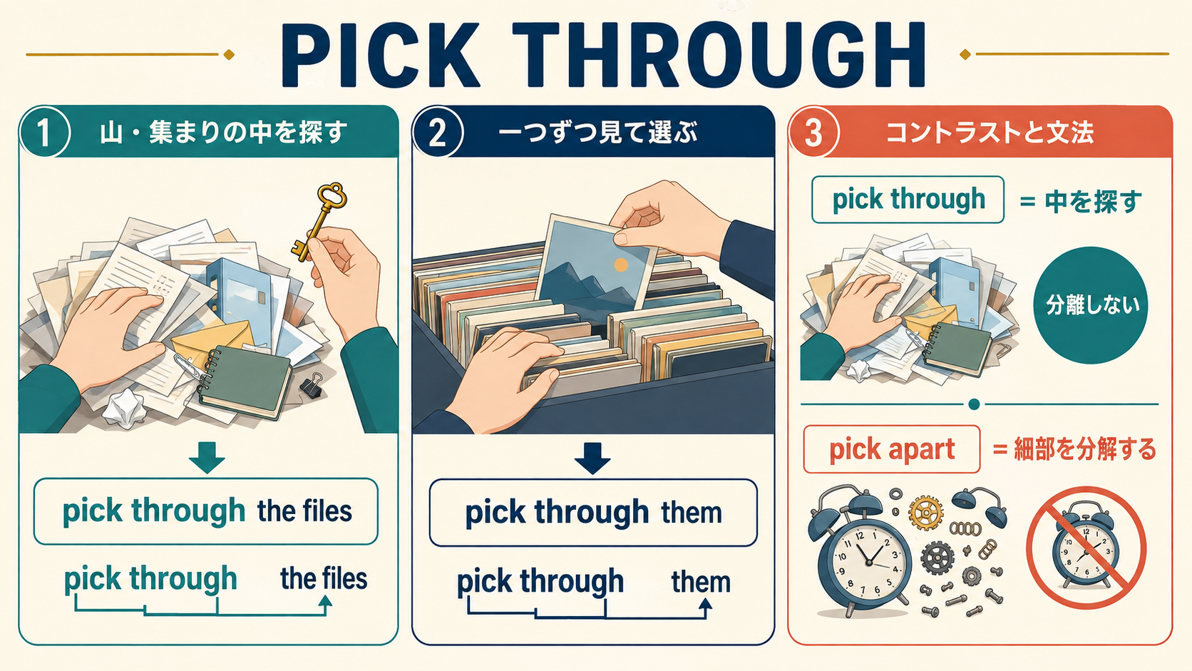 pick throughで集まりの中を一つずつ探す動き・語順・pick apartとの違い