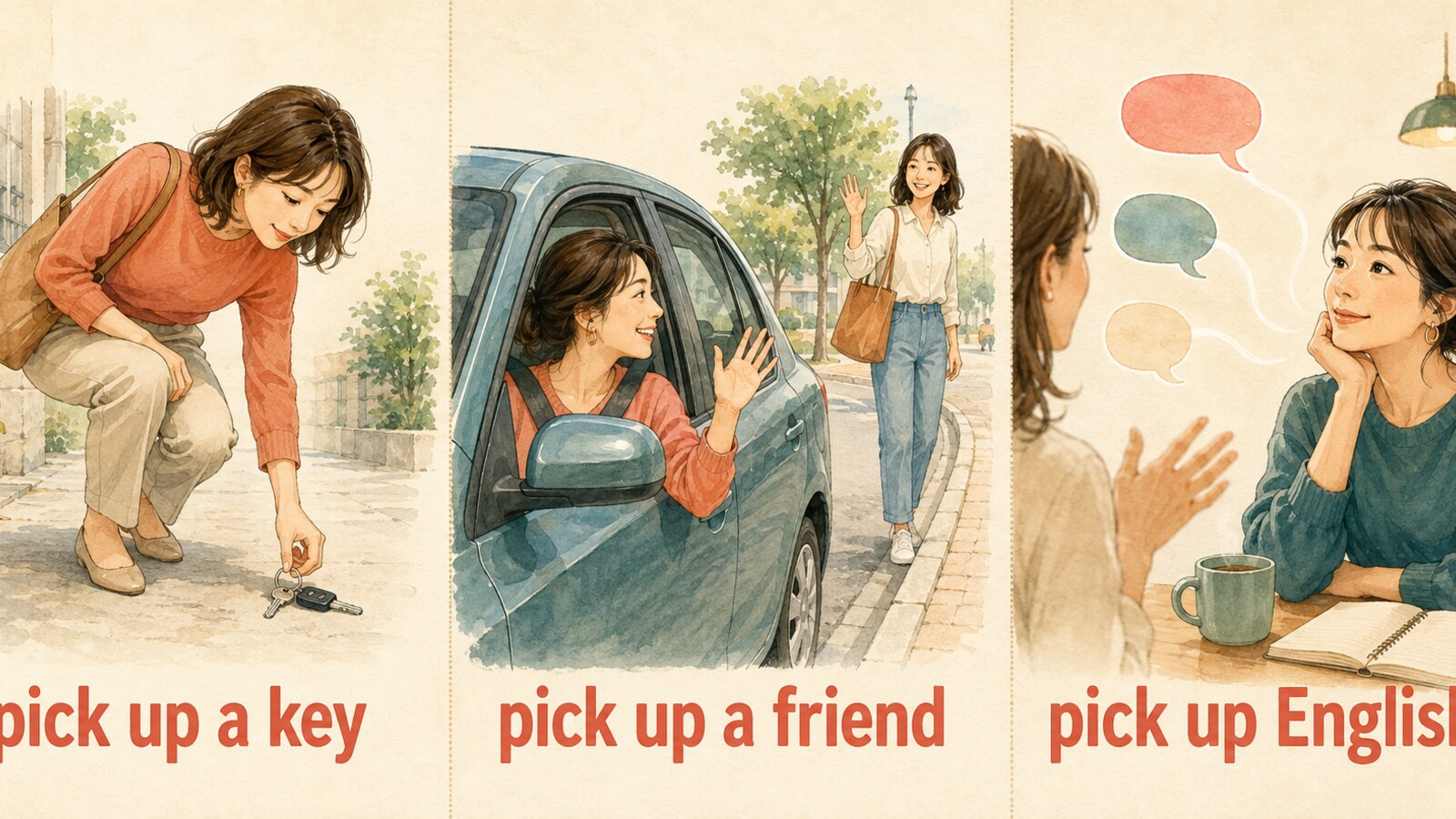 pick up a key、pick up a friend、pick up Englishのつながりを示すイラスト
