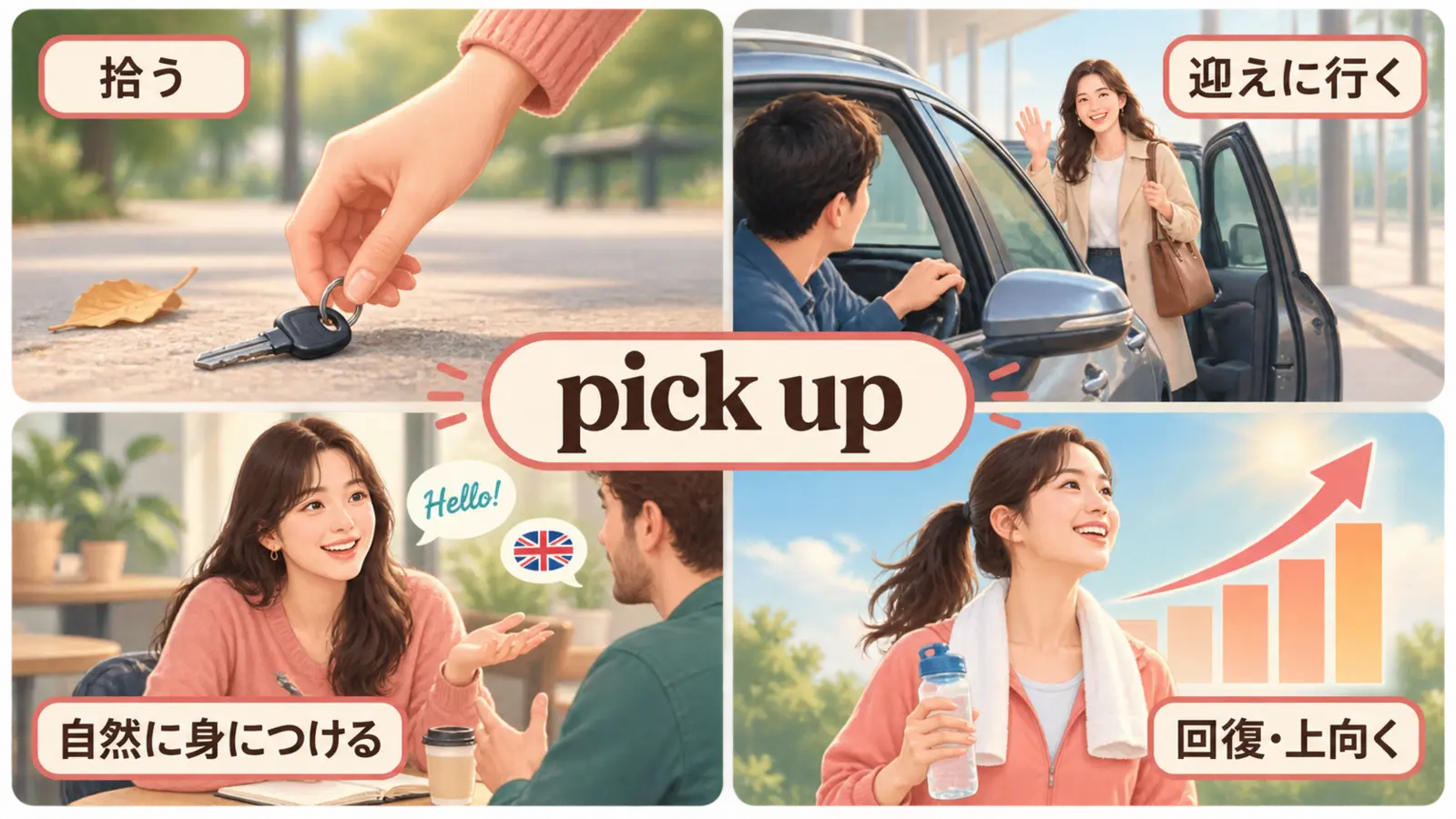 pick up 拾う・迎えに行く・自然に身につける・回復する