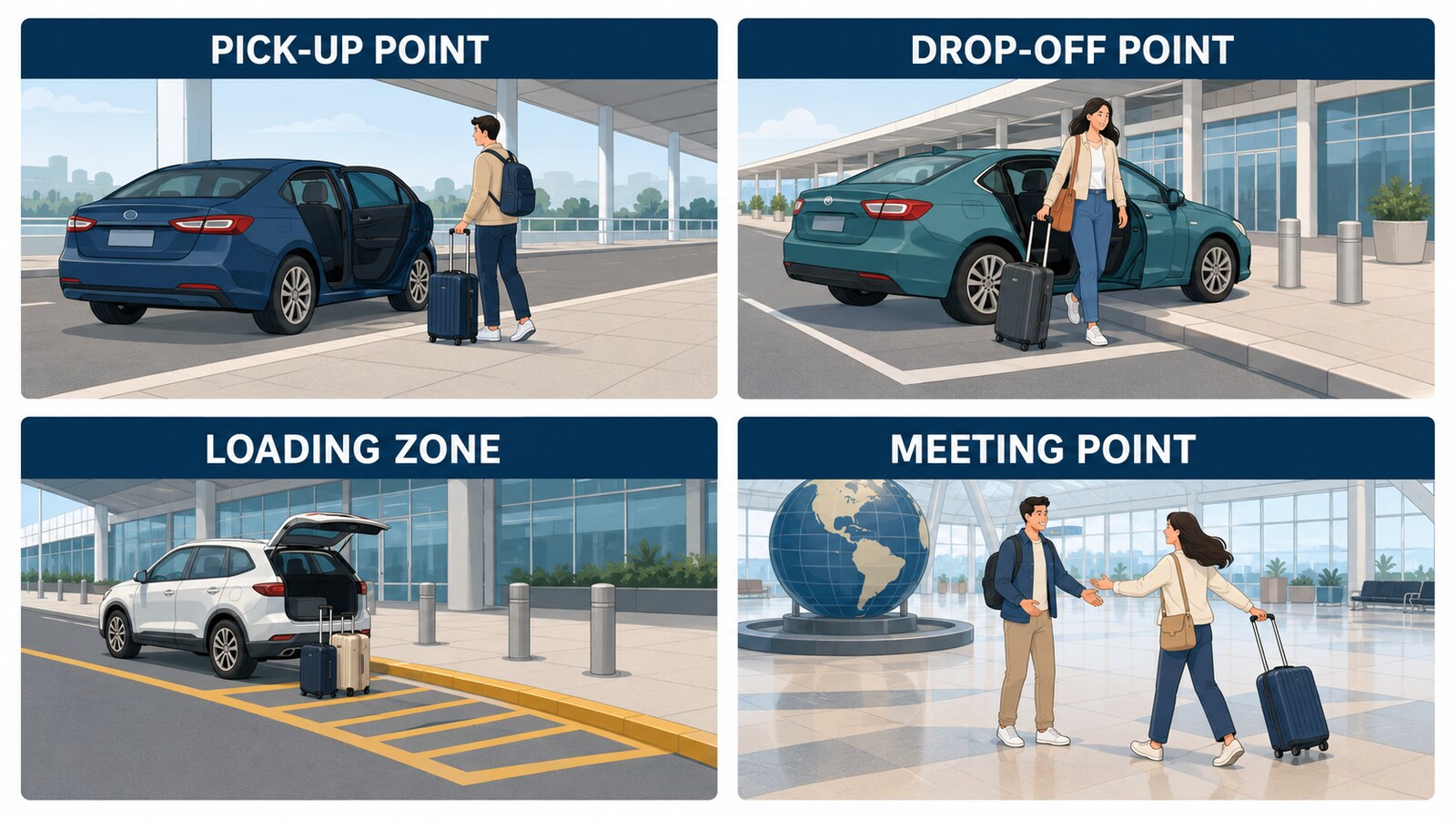 pick-up point、drop-off point、loading zone、meeting pointの違いを示すイラスト