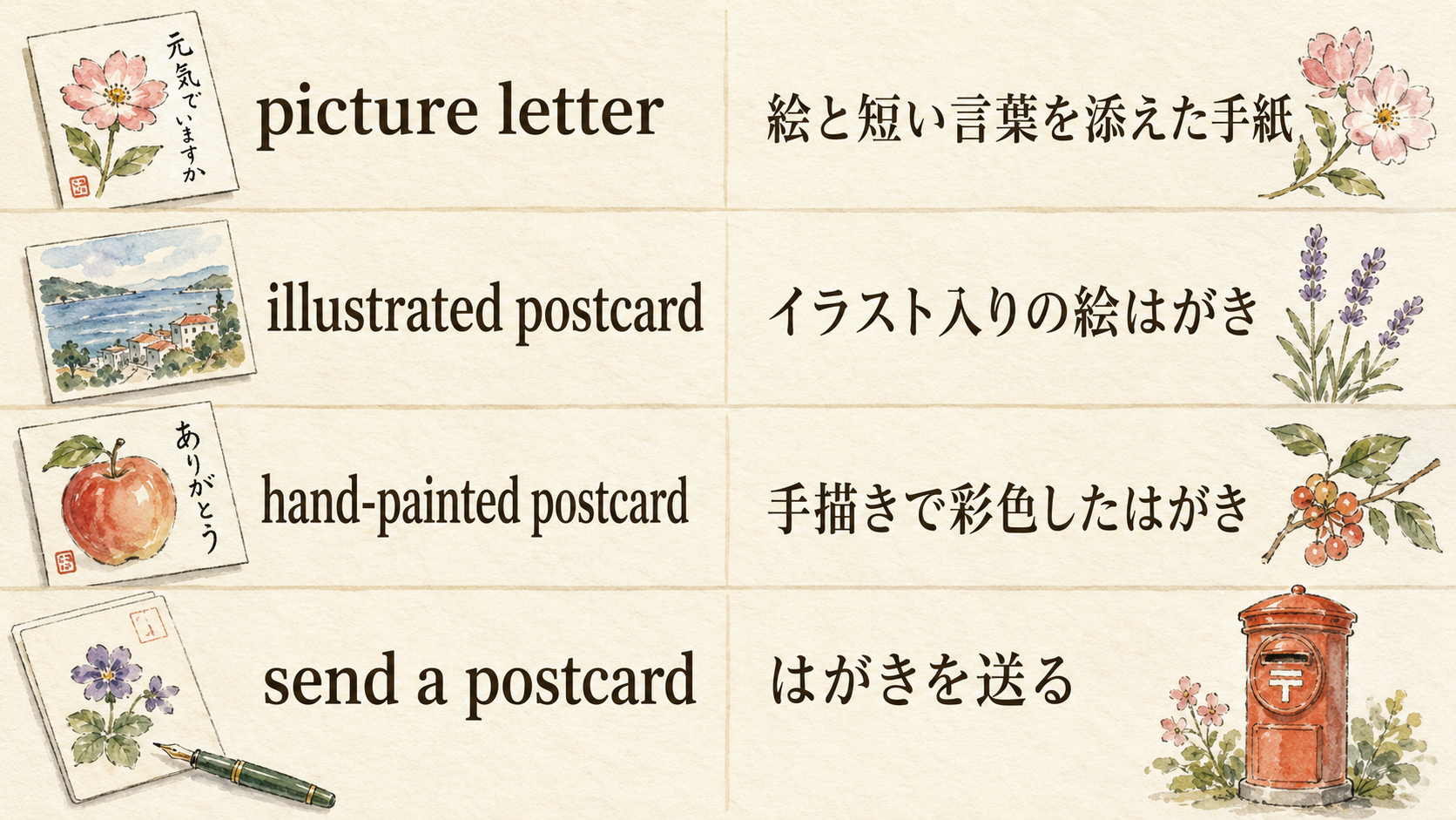 絵手紙を表す英語表現の比較図