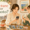 カフェでスマートフォンの写真を見ながら picture or photo と話す女性たち