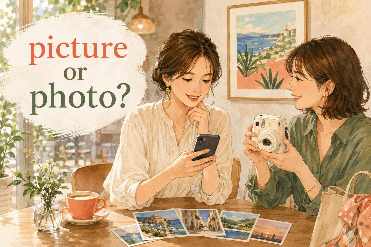 カフェでスマートフォンの写真を見ながら picture or photo と話す女性たち