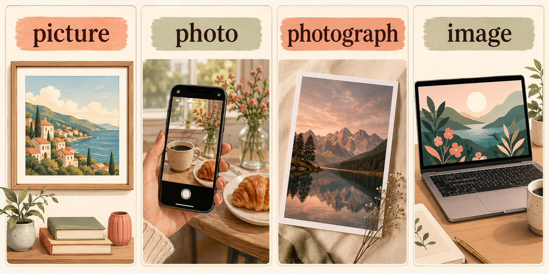 picture、photo、photograph、imageの違いを表した4つのイラスト