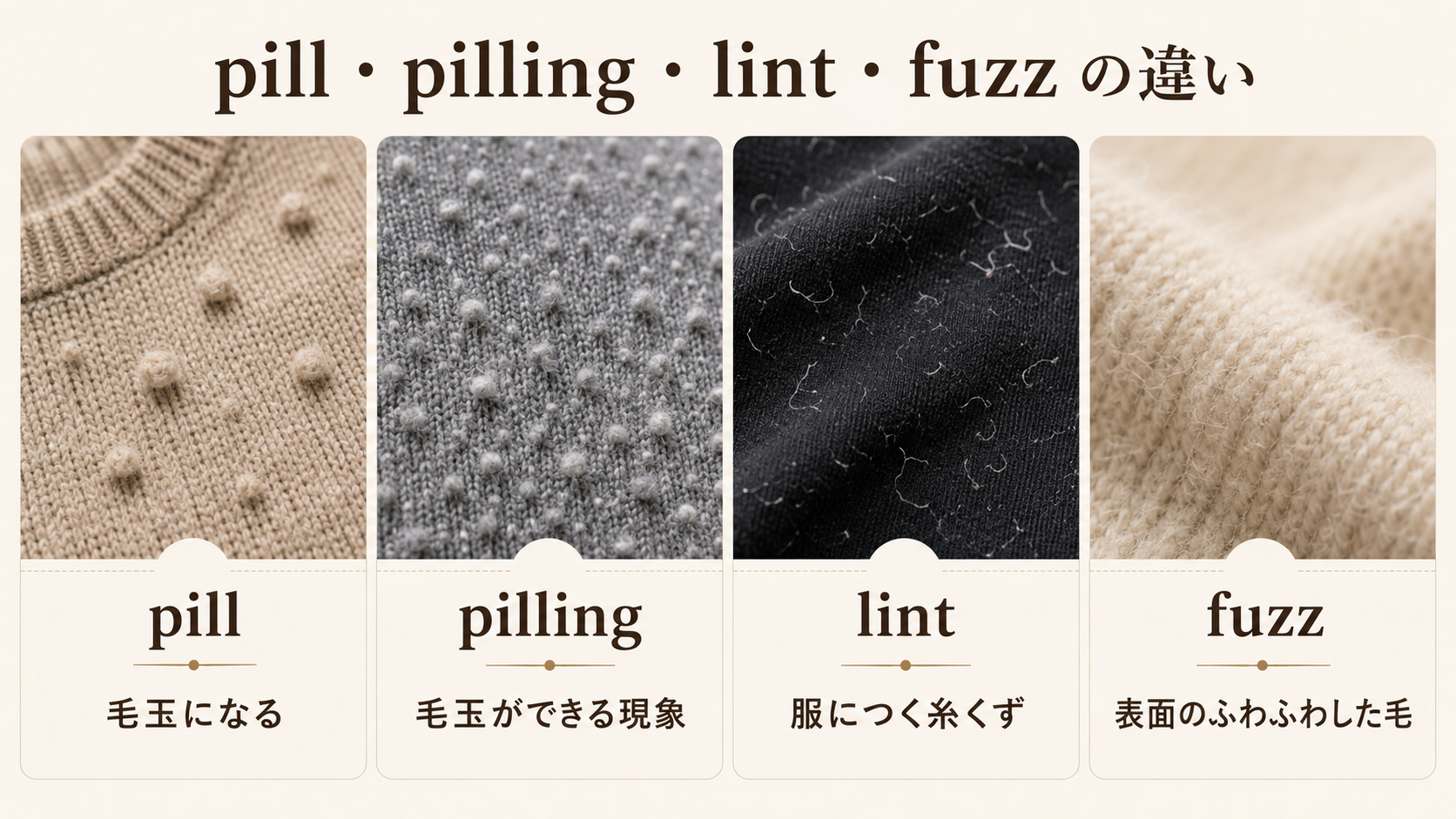 pill・pilling・lint・fuzzの違いを示した横長比較イラスト