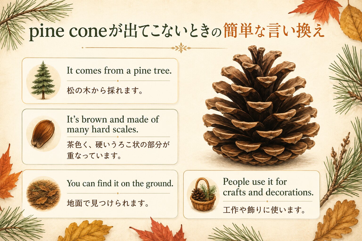 松ぼっくりは英語で？pine coneの意味・発音と松の実・どんぐりとの違い