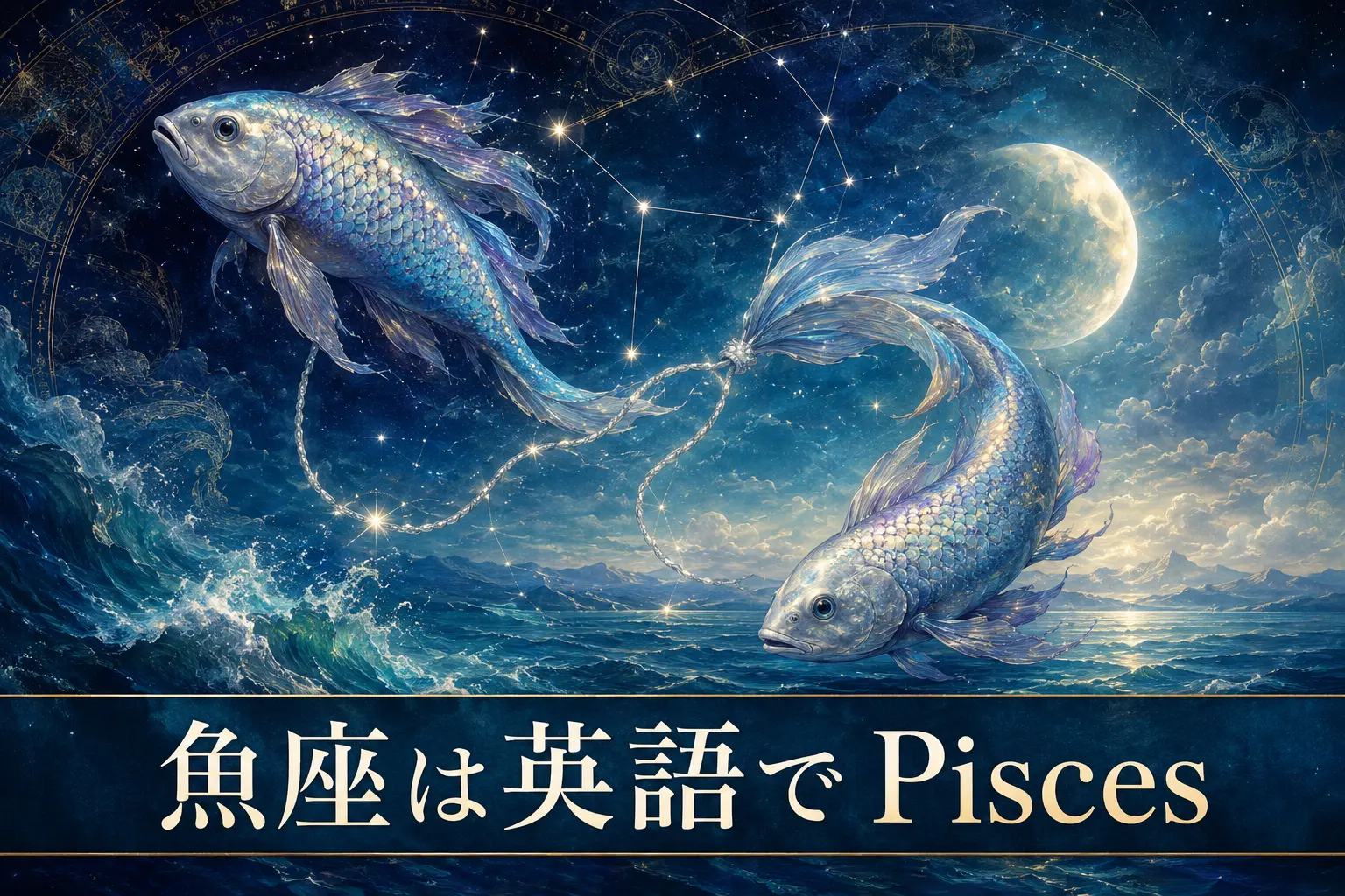 魚座は英語でPiscesと紹介する二匹の魚と星座のイラスト