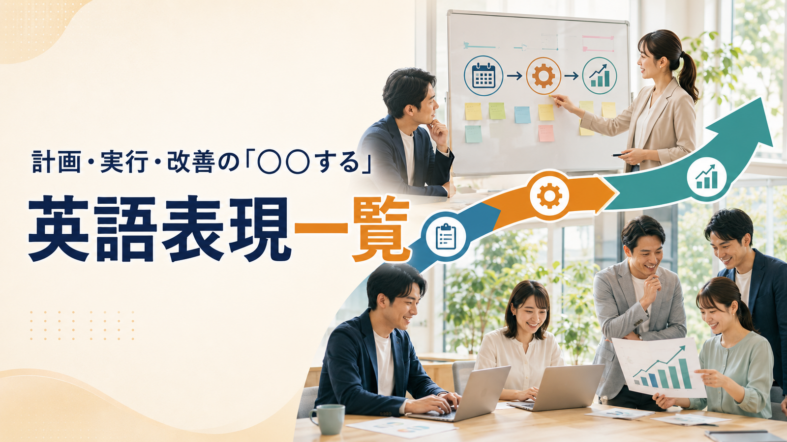 計画・実行・改善の「○○する」英語表現一覧。計画から実行、成果、改善へ進むチームのアイキャッチ画像