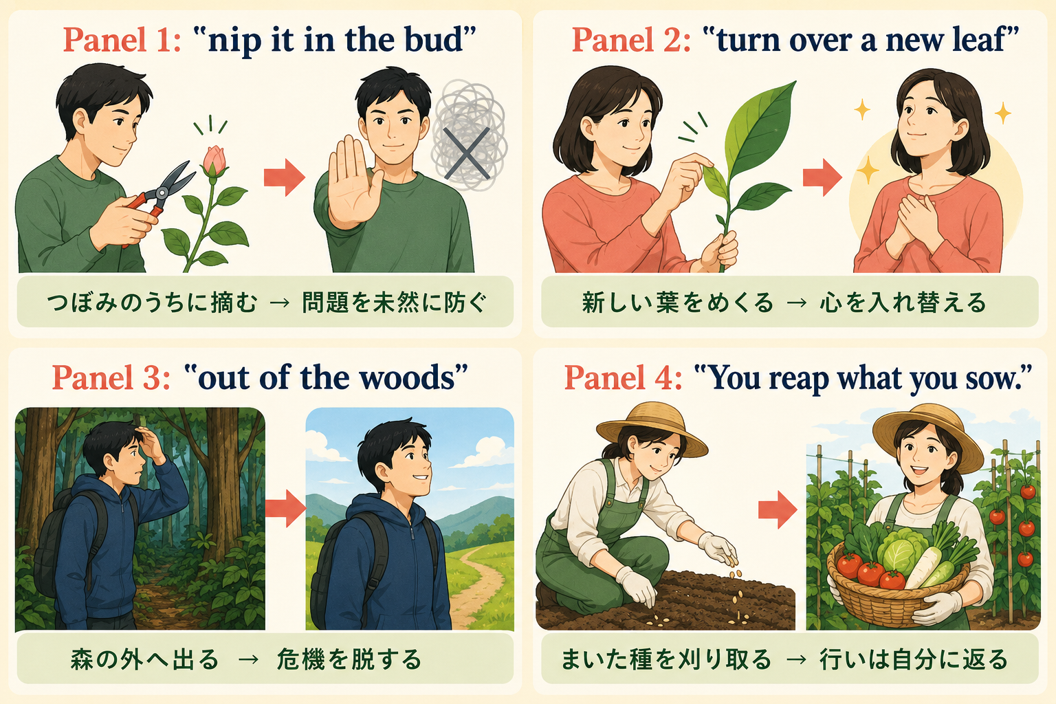 nip it in the bud、turn over a new leaf、out of the woods、You reap what you sowの直訳と意味
