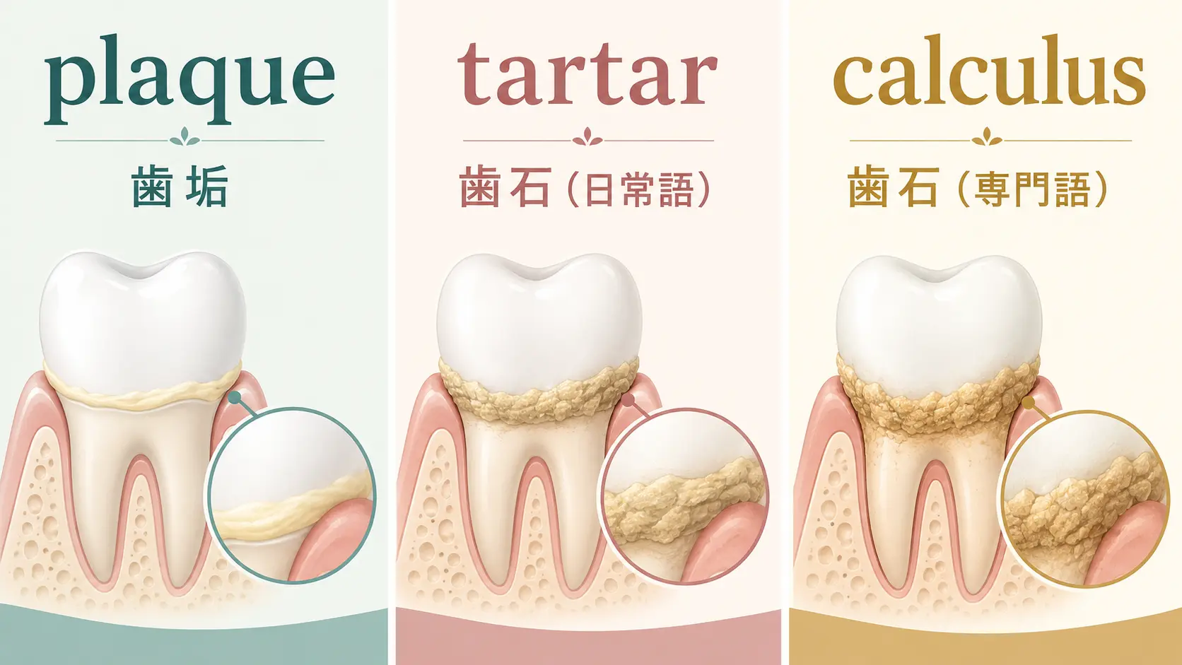 plaque・tartar・calculusの意味の違いを示す図解