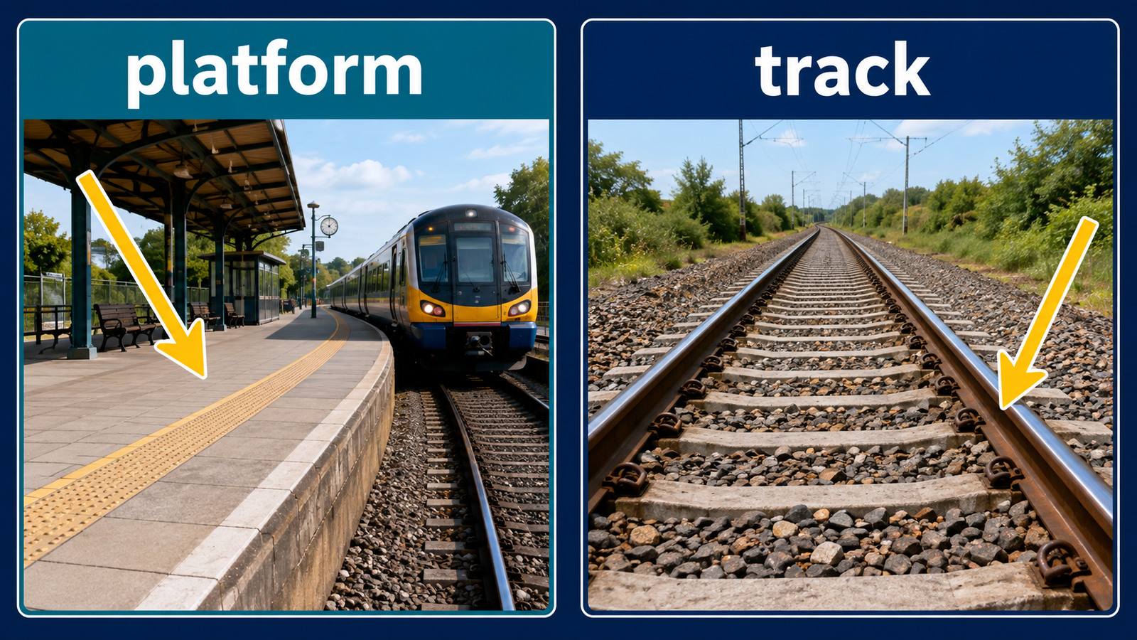 乗客が立つplatformと列車が走るtrackの違いを示した駅の図解