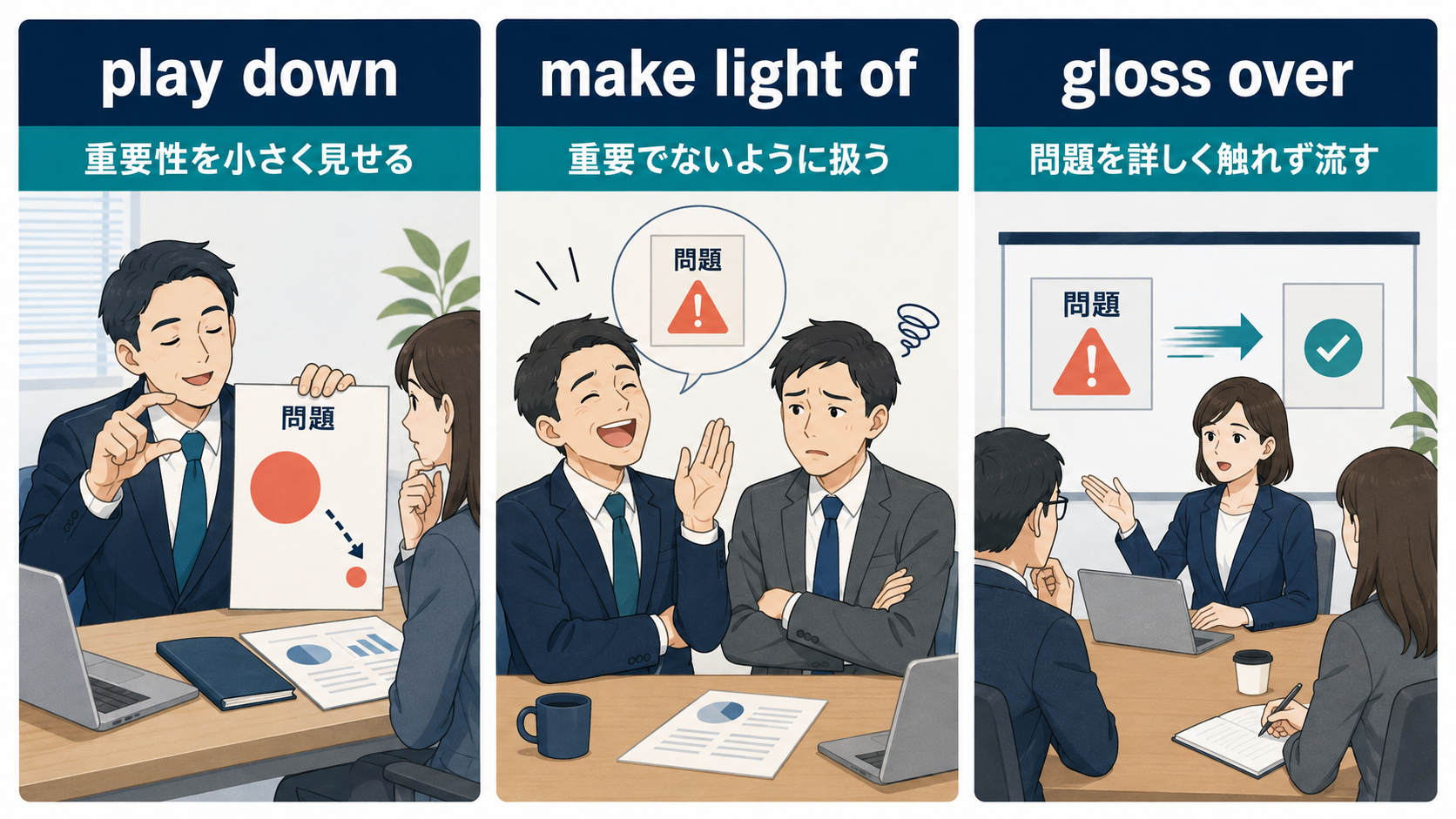 play down、make light of、gloss overのニュアンスの違いを示す比較図