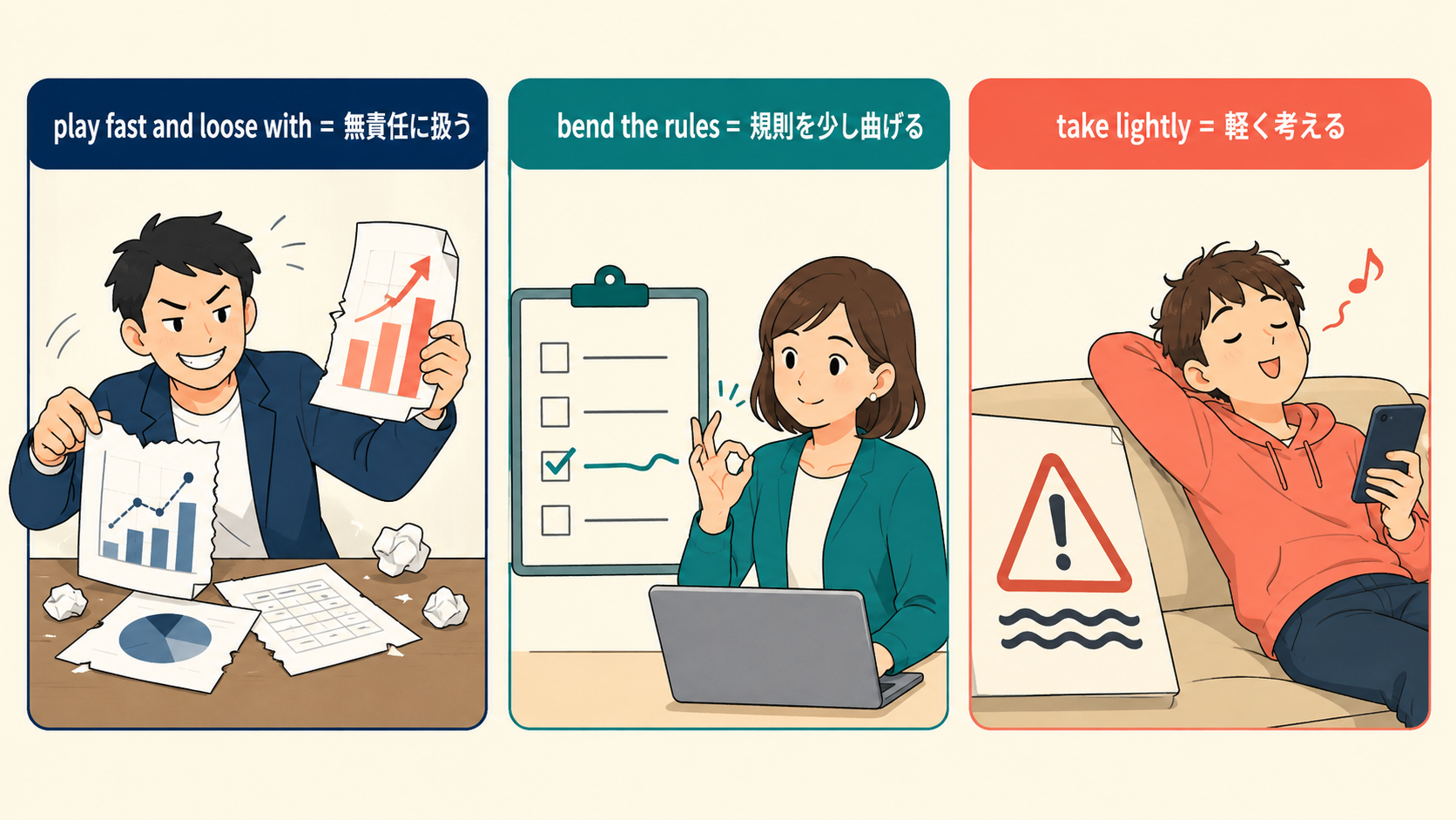 play fast and loose with・bend the rules・take lightlyの違いを示す比較イラスト
