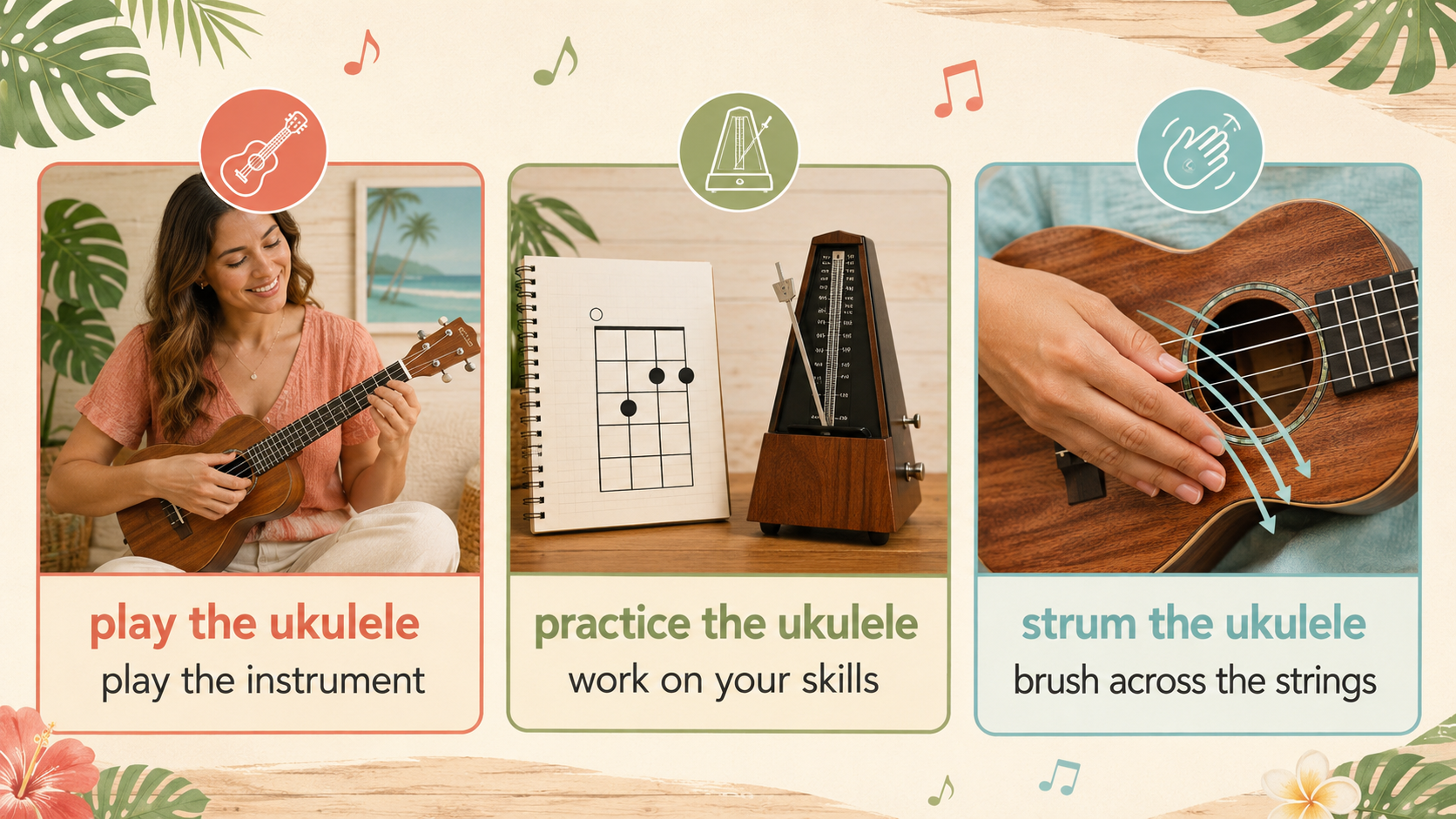 play the ukulele、practice the ukulele、strum the ukuleleの比較
