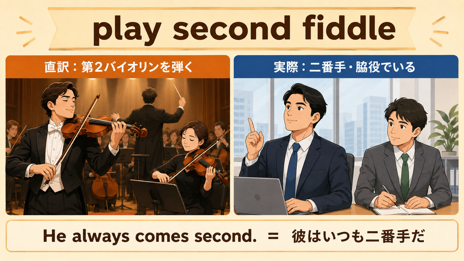 play second fiddleの直訳「第2バイオリンを弾く」と実際の意味「二番手・脇役でいる」の比較図
