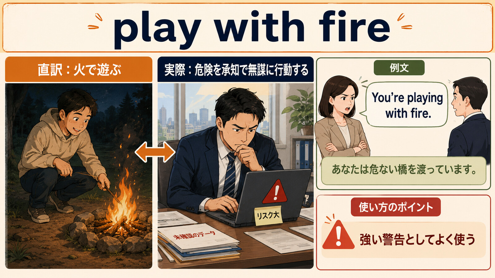 play with fireの直訳と実際の意味を比較する本文イラスト