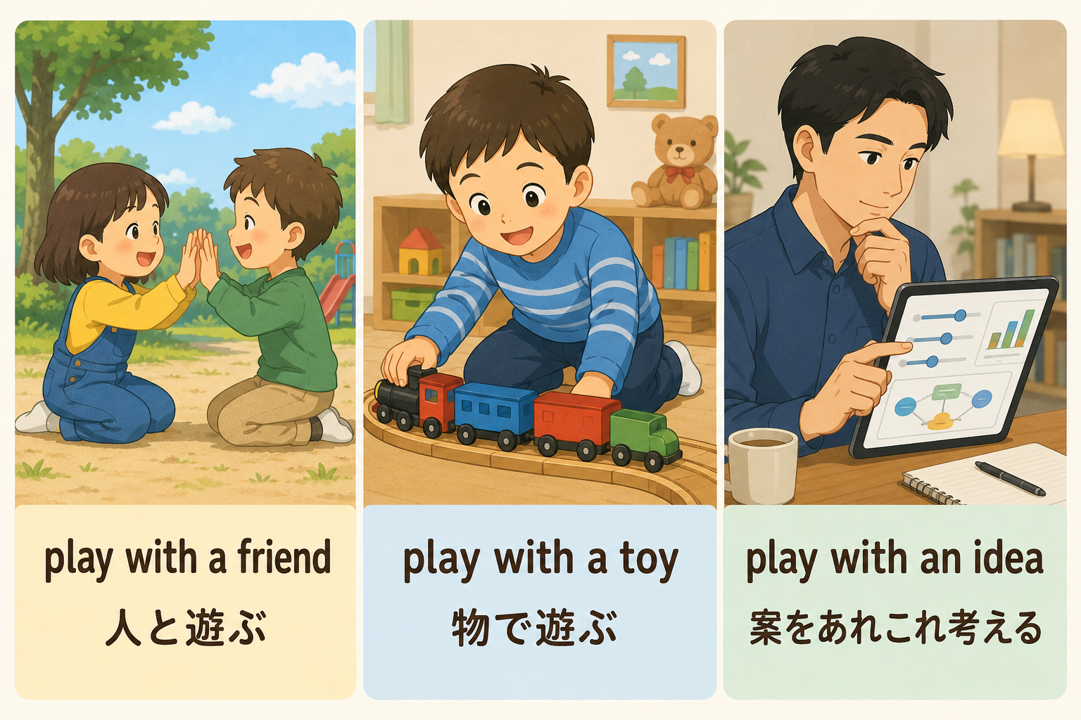 play with a friend・play with a toy・play with an ideaの意味の違い