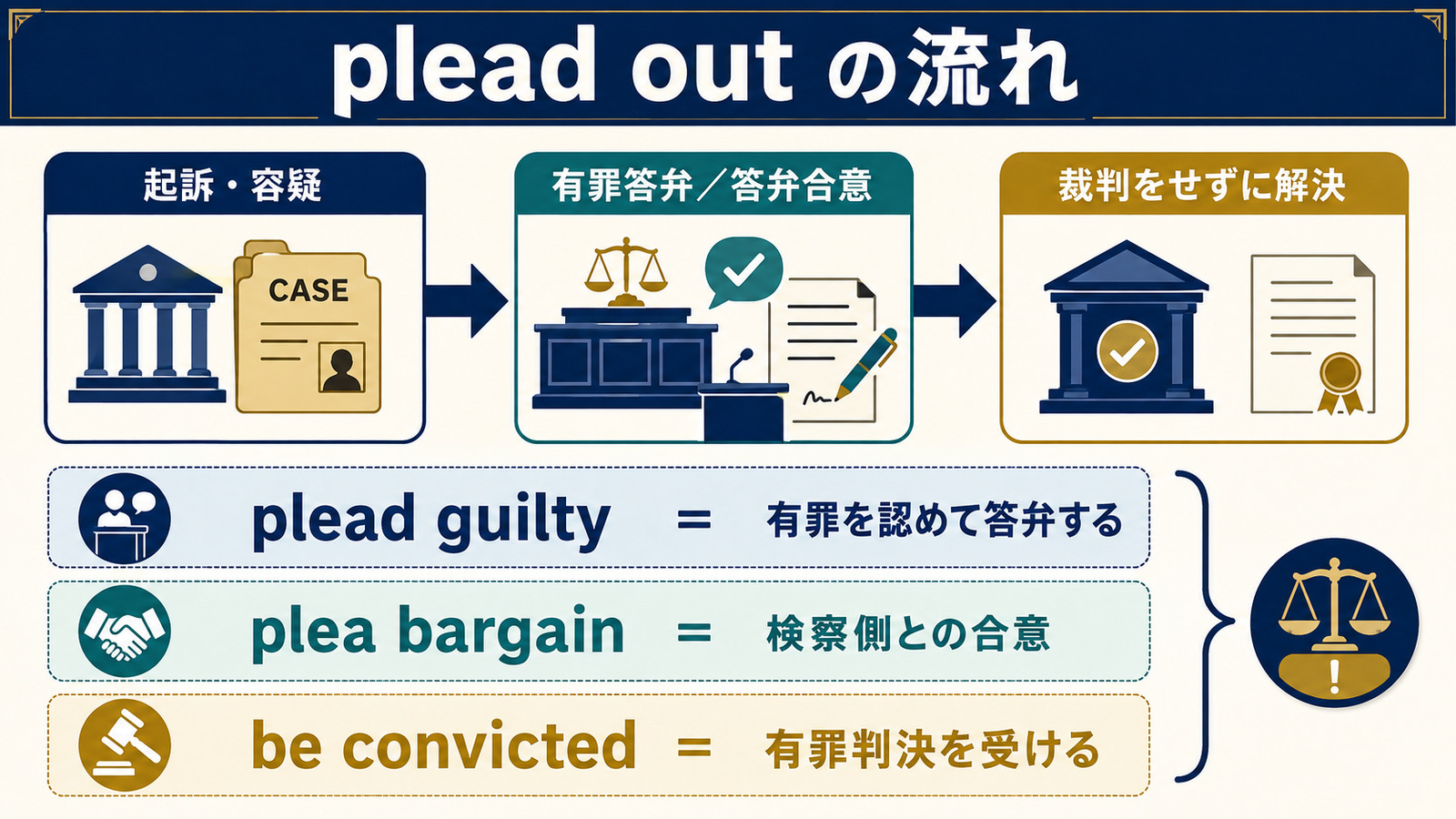 plead outの流れとplead guilty・plea bargain・be convictedの違い