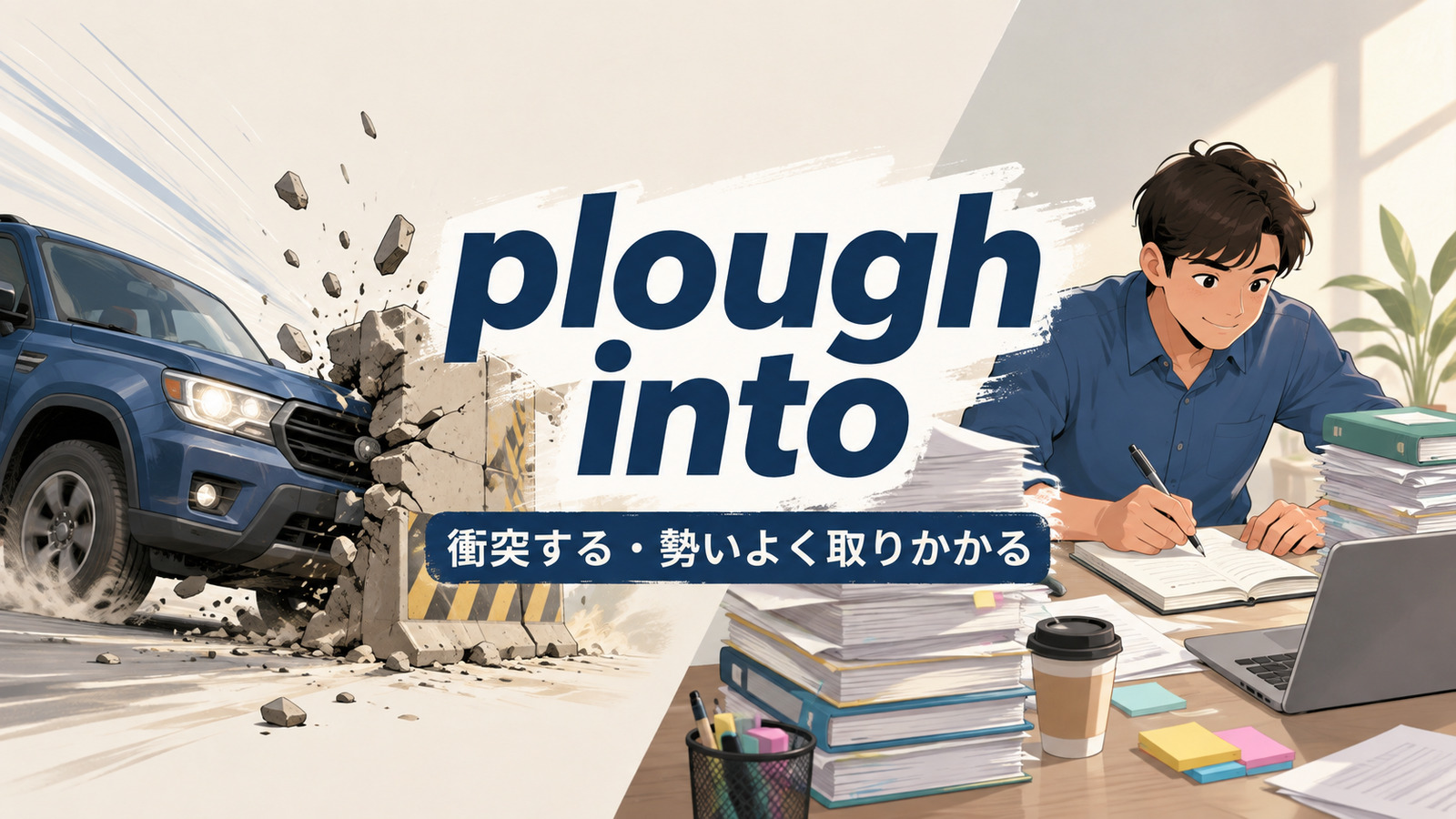 plough intoの意味は？「衝突する・勢いよく取りかかる」の使い方