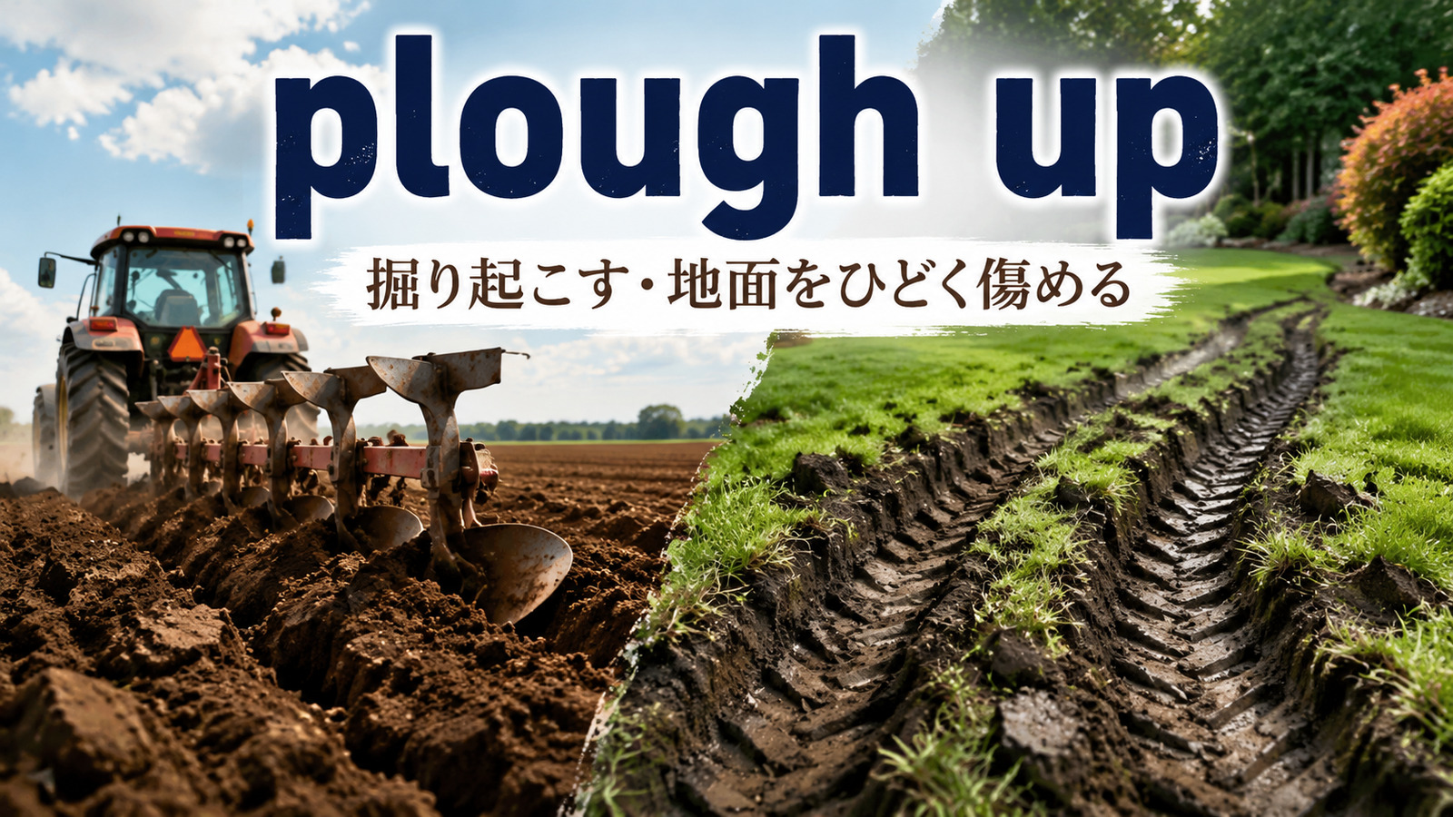 plough upの掘り起こす・地面をひどく傷めるという意味