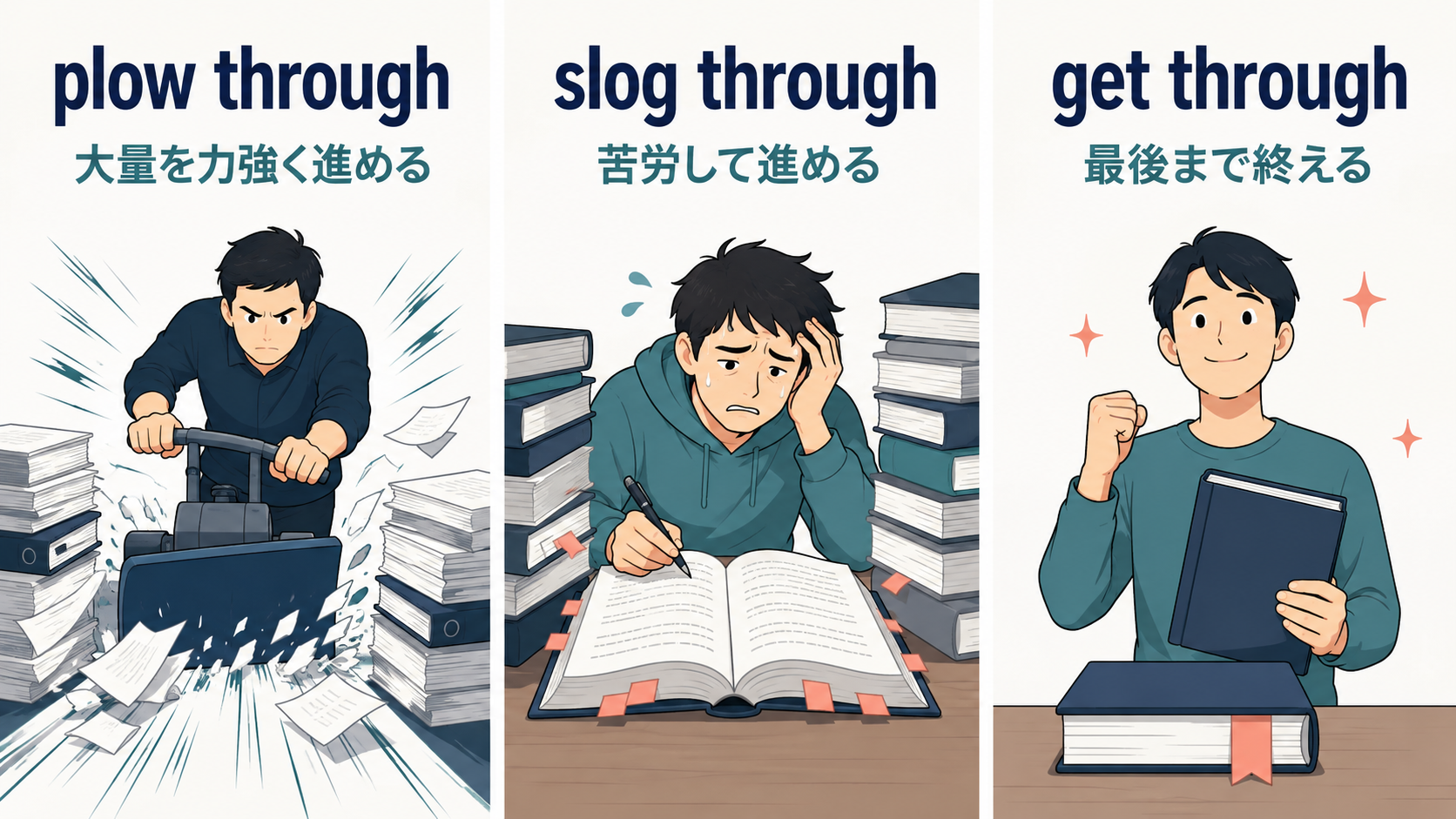 plow through、slog through、get throughのニュアンスの違いを示す比較図