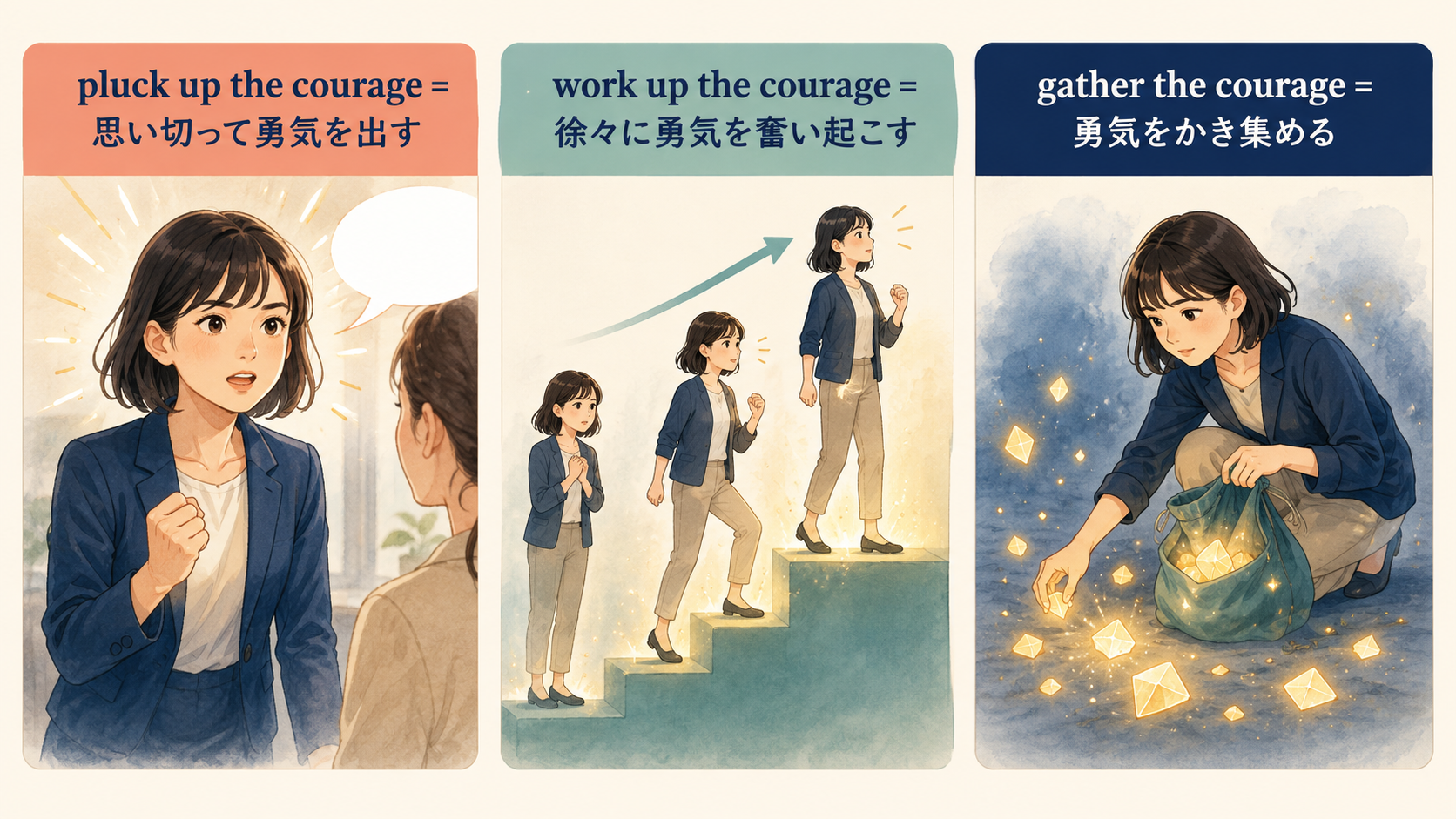 pluck up the courage・work up the courage・gather the courageの違いを示す比較イラスト