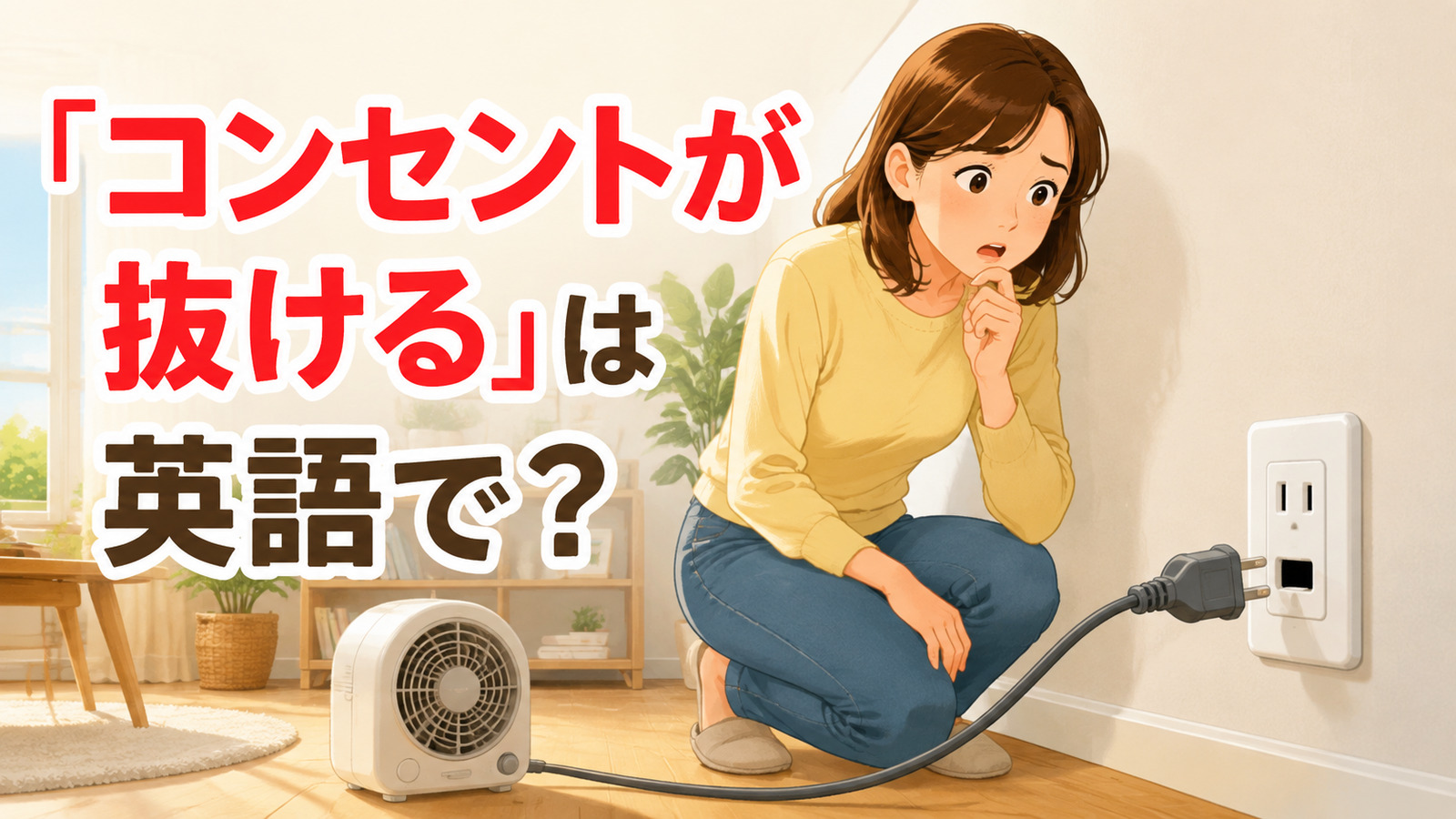 壁のコンセントから電源プラグが抜けた様子と「コンセントが抜ける」は英語で?の文字