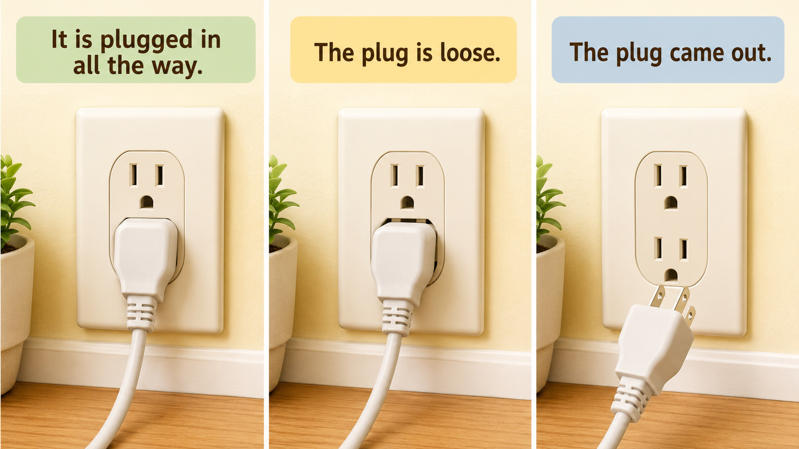 It is plugged in all the way.、The plug is loose.、The plug came out.の3状態を比較した図