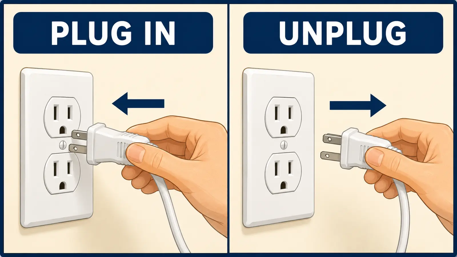 プラグをコンセントへ差すPLUG INと抜くUNPLUGの動作を比較した図