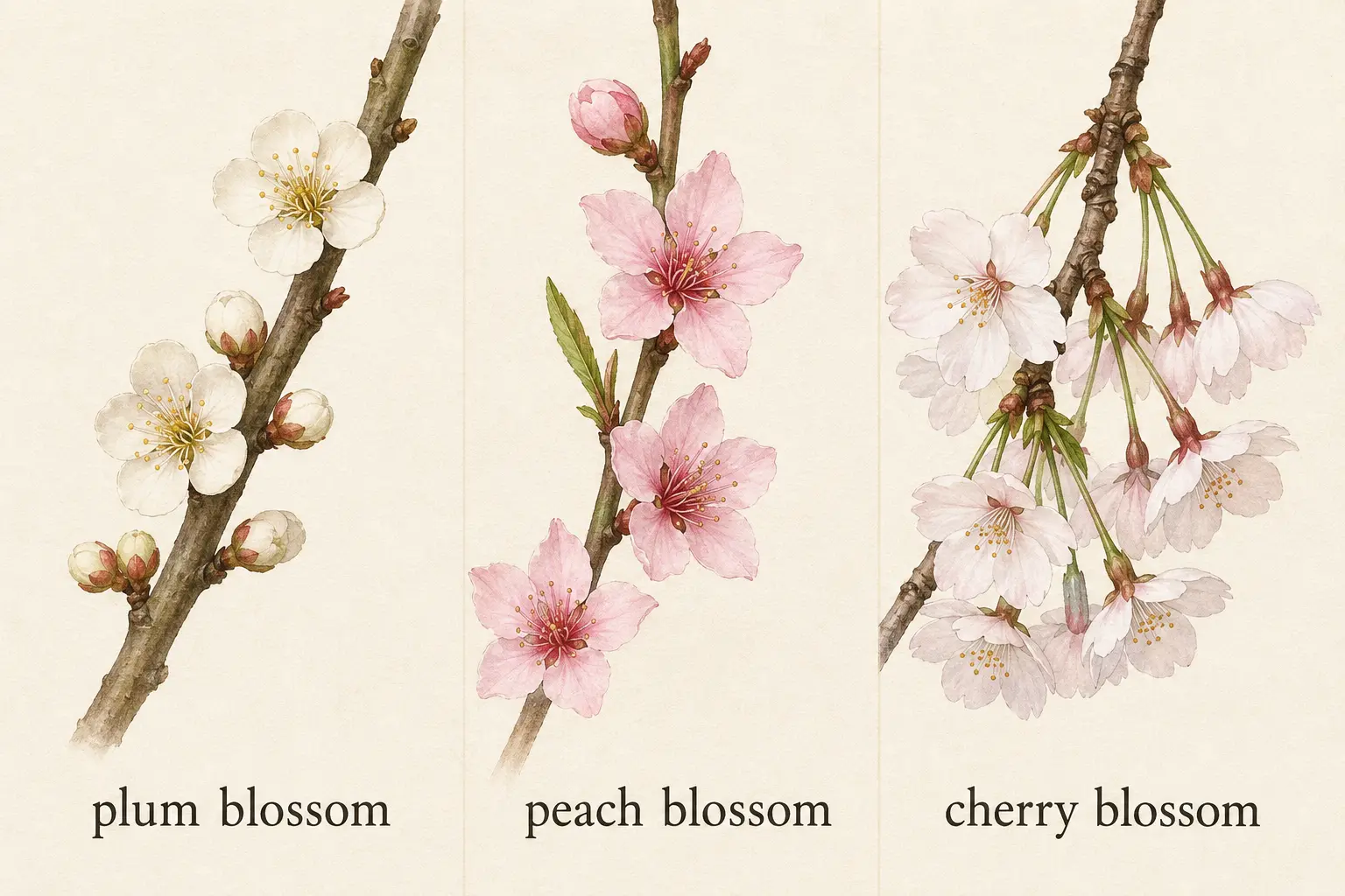 梅・桃・桜の花を英語名とともに比較した植物イラスト