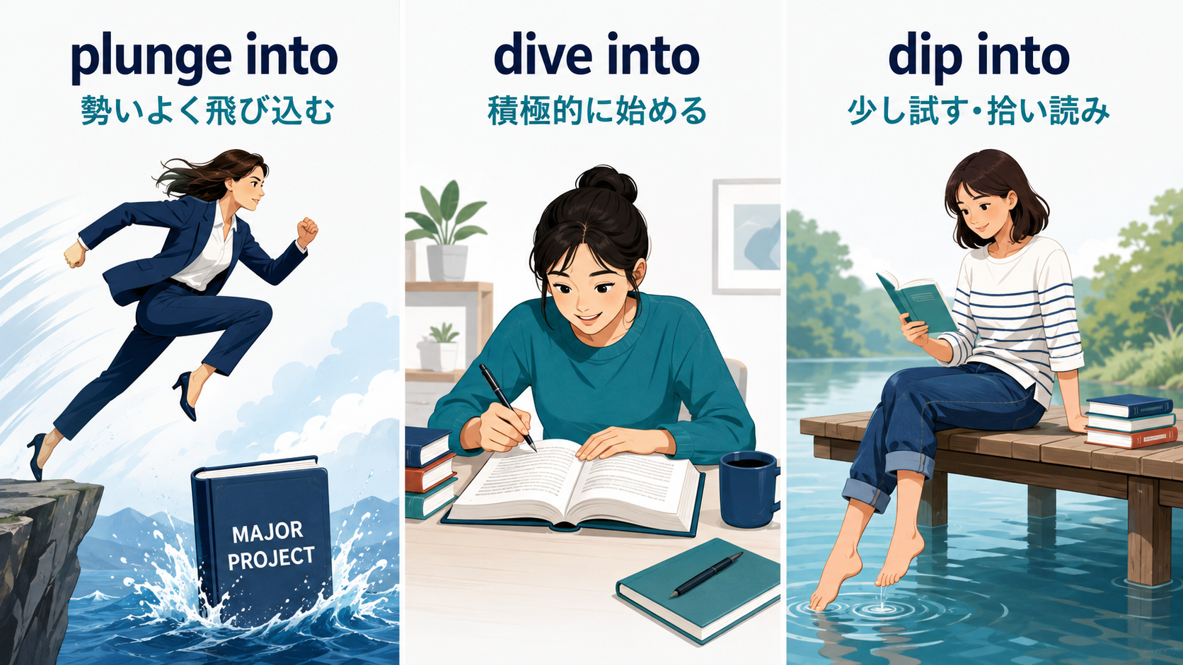 plunge into、dive into、dip intoのニュアンスの違いを示す比較図