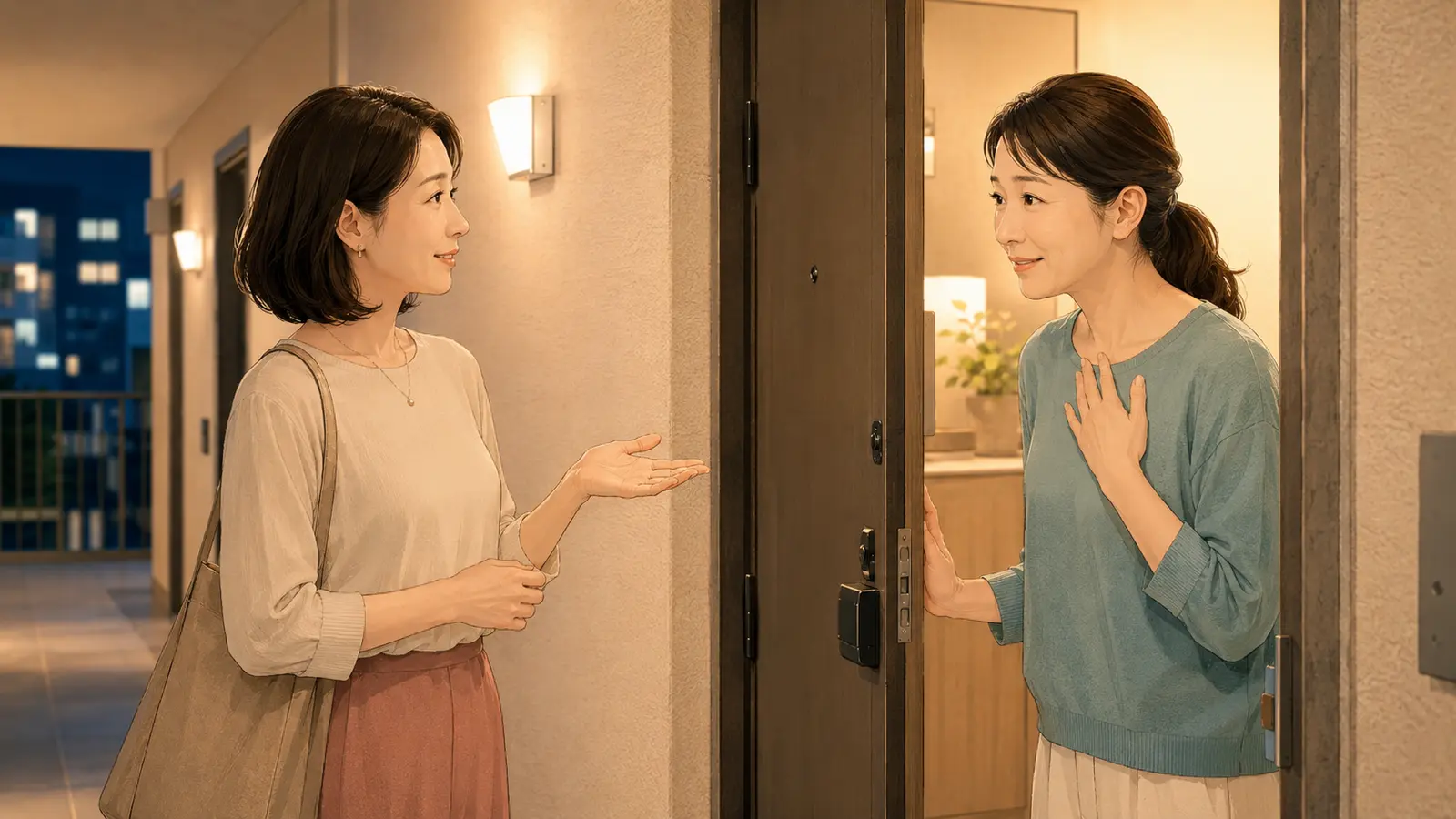 集合住宅の玄関先で近所の女性へ騒音について丁寧に相談するイラスト