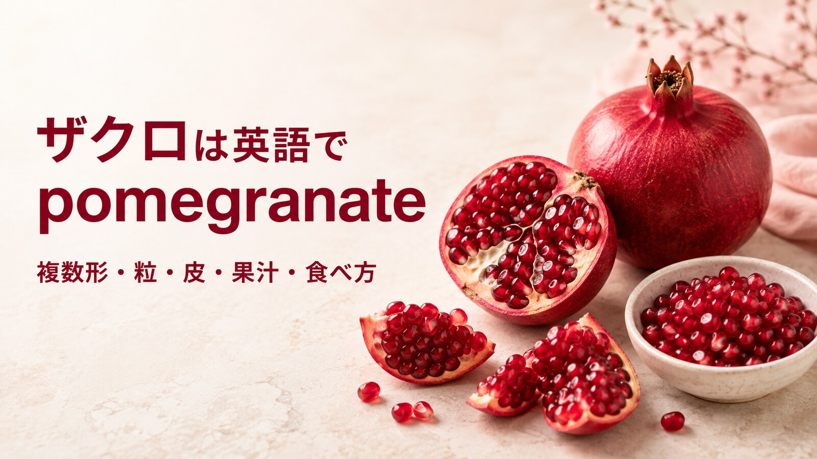 ザクロは英語でpomegranateと示し、複数形・粒・皮・果汁・食べ方を紹介する画像