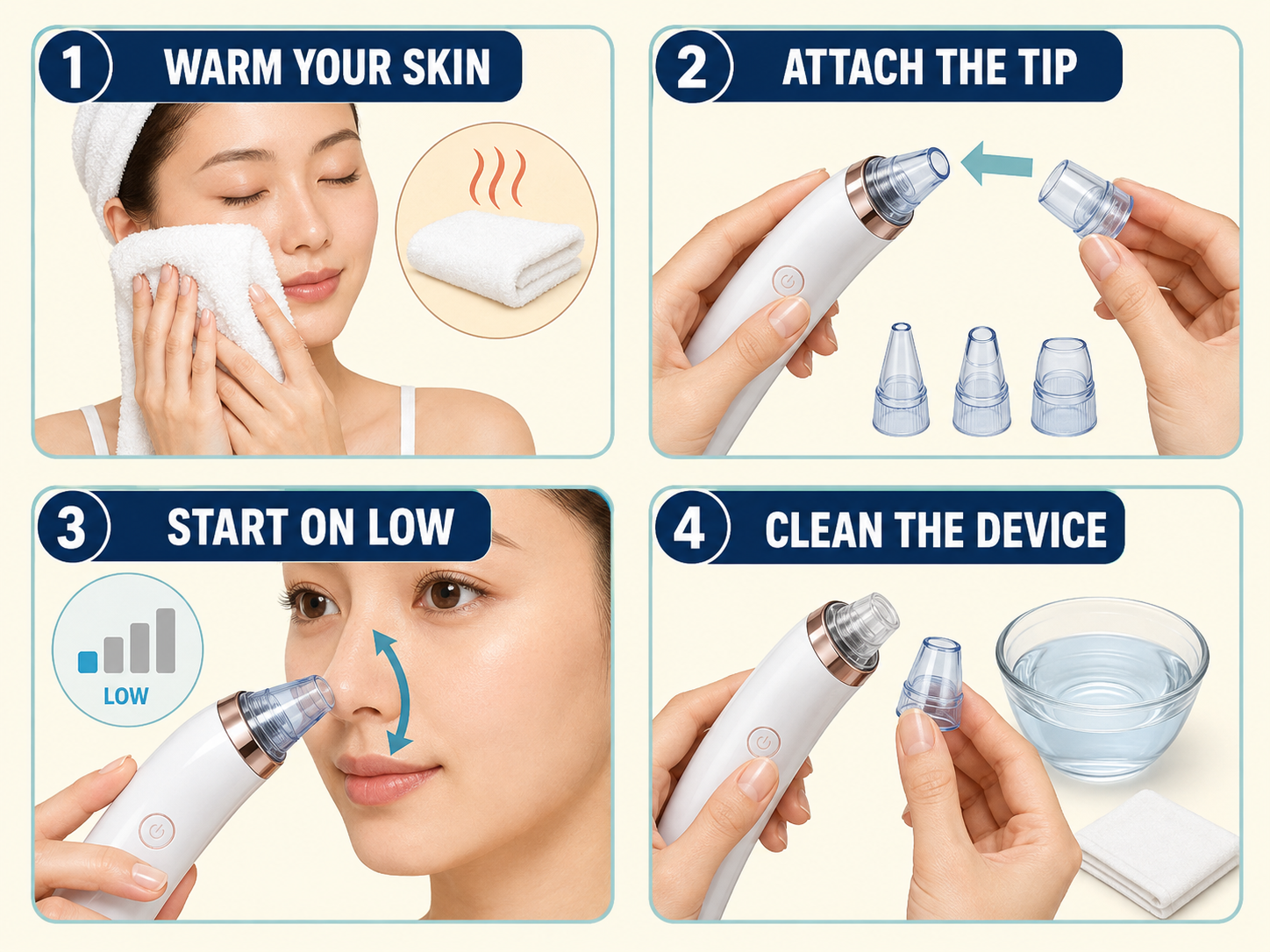 warm your skin・attach the tip・start on low・clean the deviceの図解