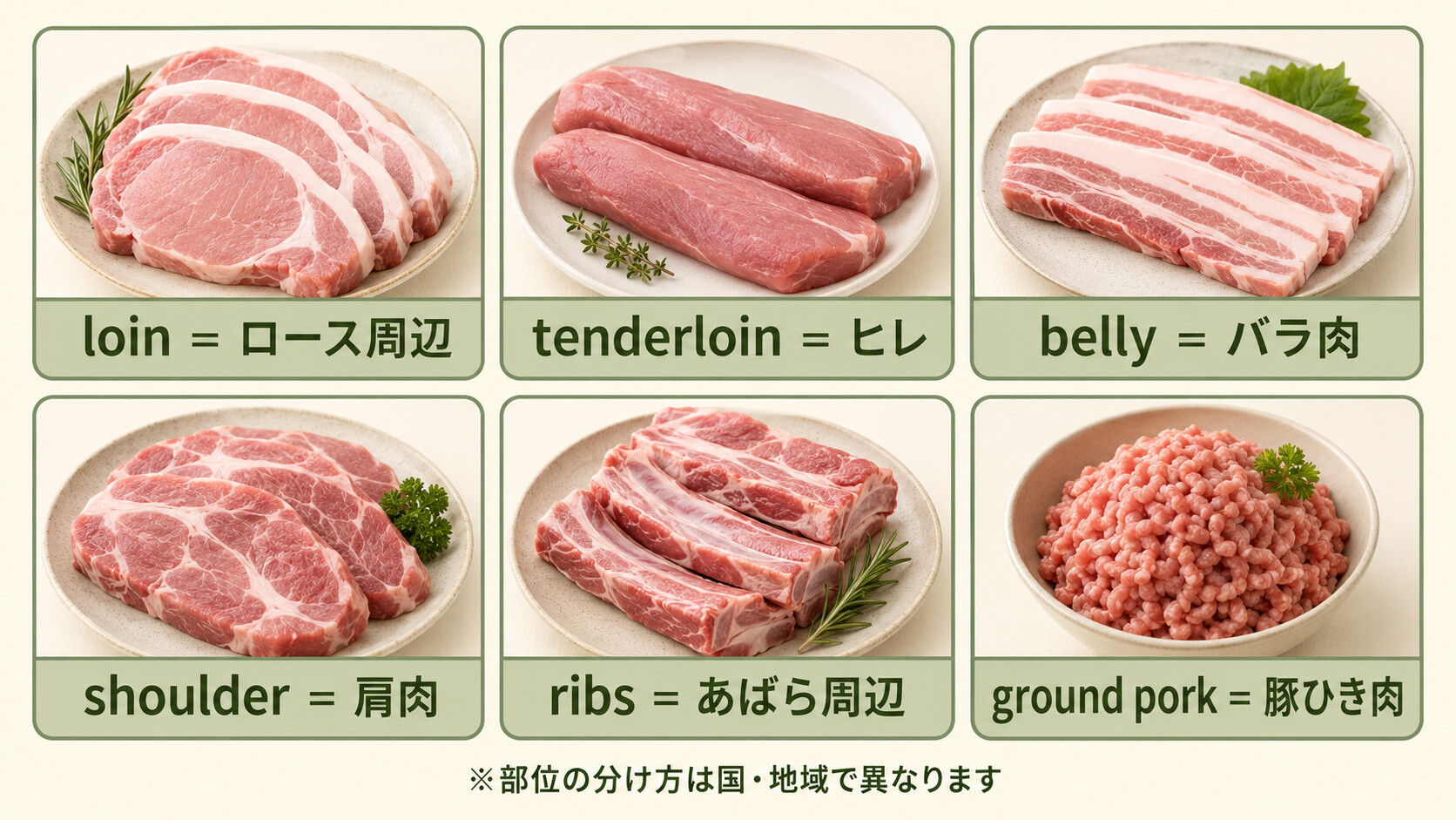loin、tenderloin、belly、shoulder、ribs、ground porkの英語と日本語を示す図
