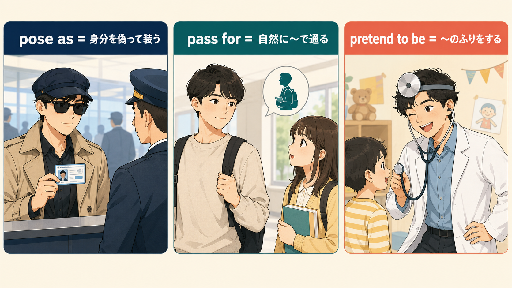 pose as・pass for・pretend to beのニュアンスの違いを示す比較イラスト