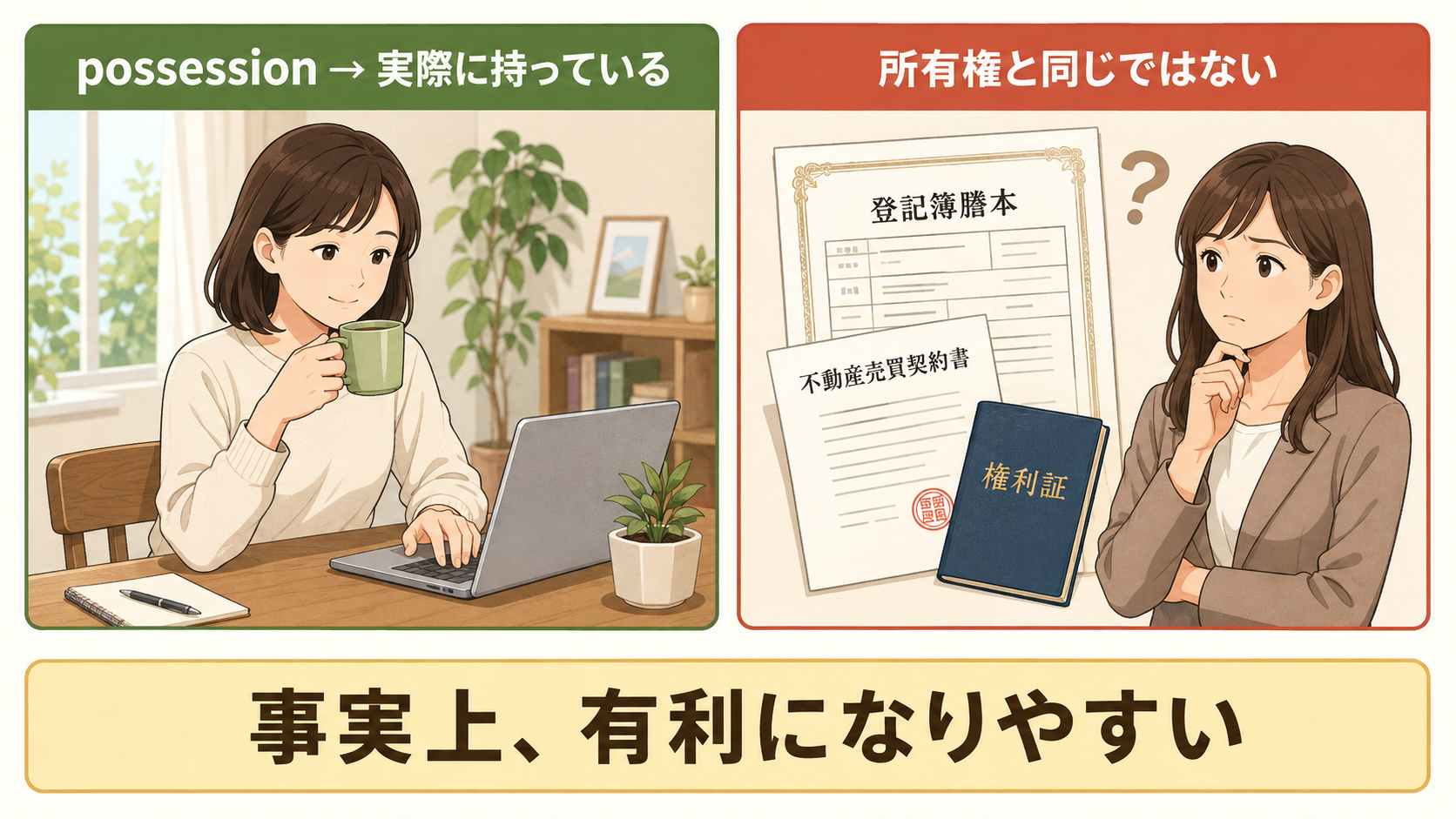 Possession is nine-tenths of the law.の直訳と実際のニュアンスを比べる解説イラスト