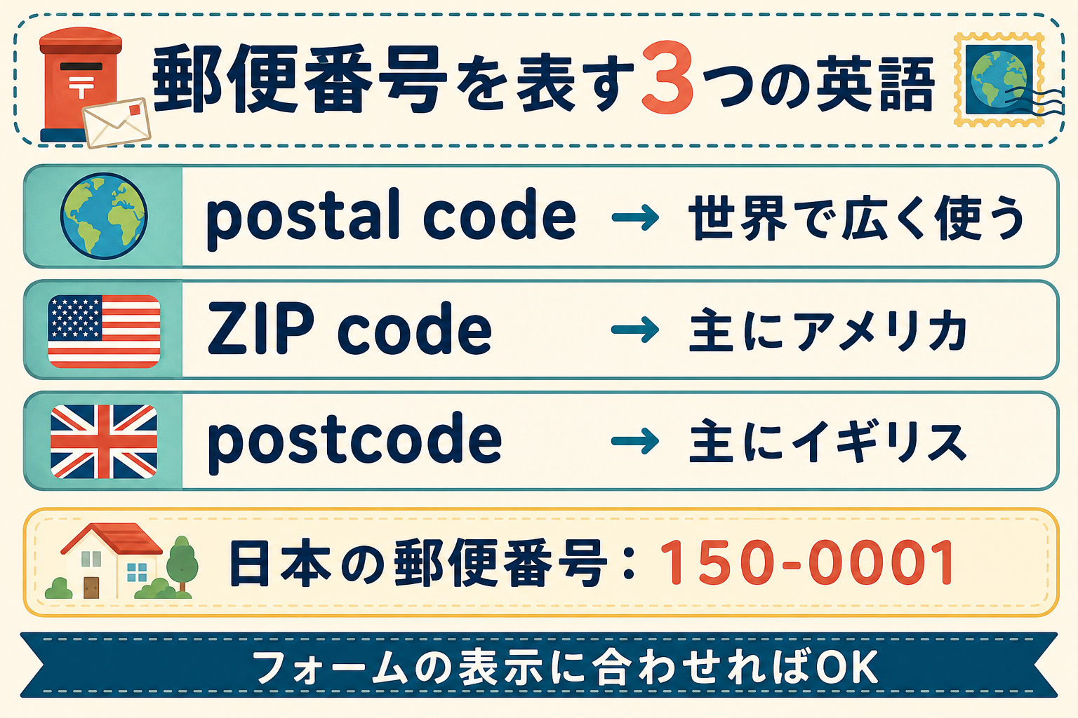 postal code・ZIP code・postcodeの地域別の違い