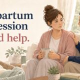 Postpartum depressionとI need helpの英語表現を示す産後の相談場面