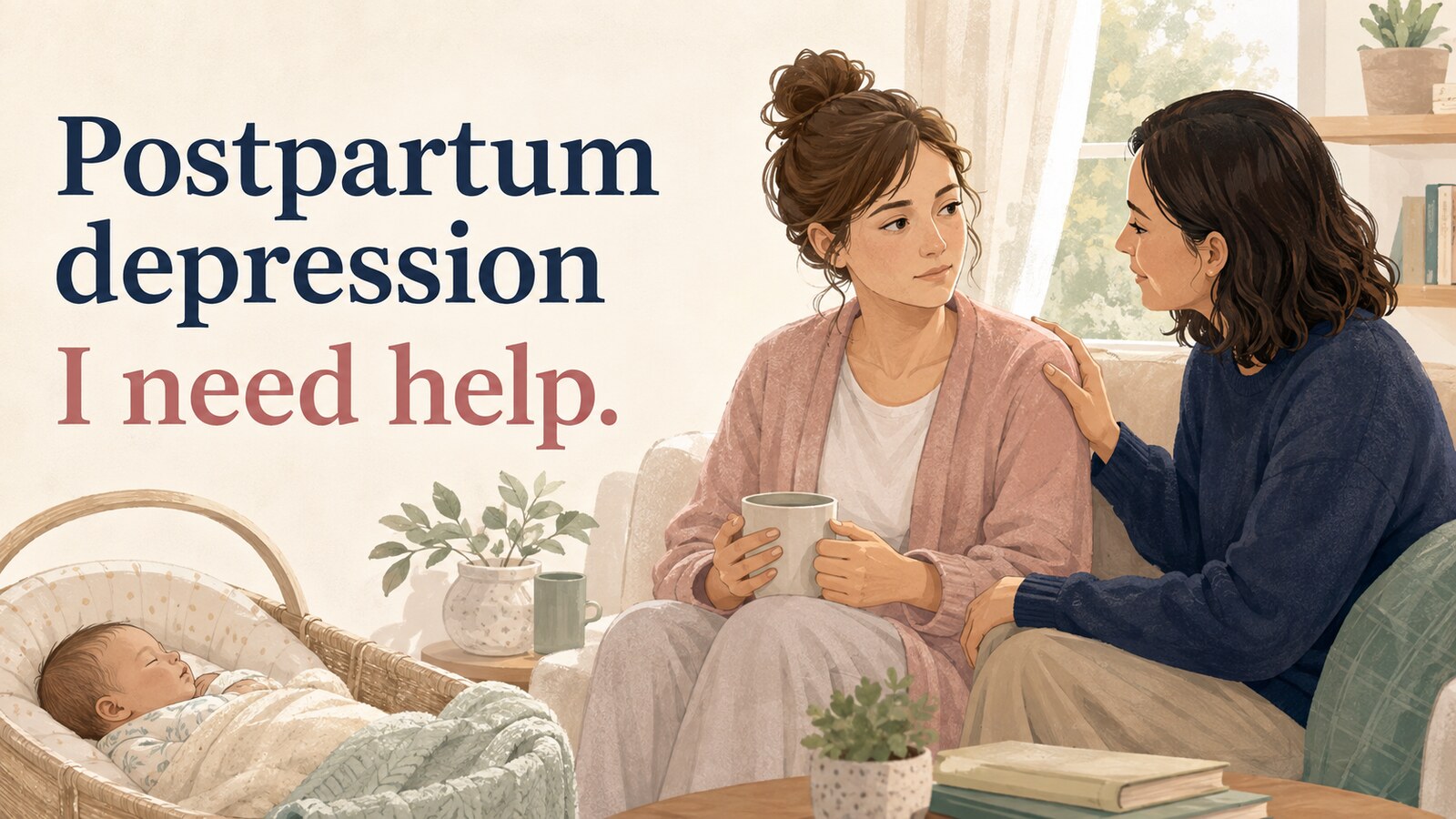 Postpartum depressionとI need helpの英語表現を示す産後の相談場面