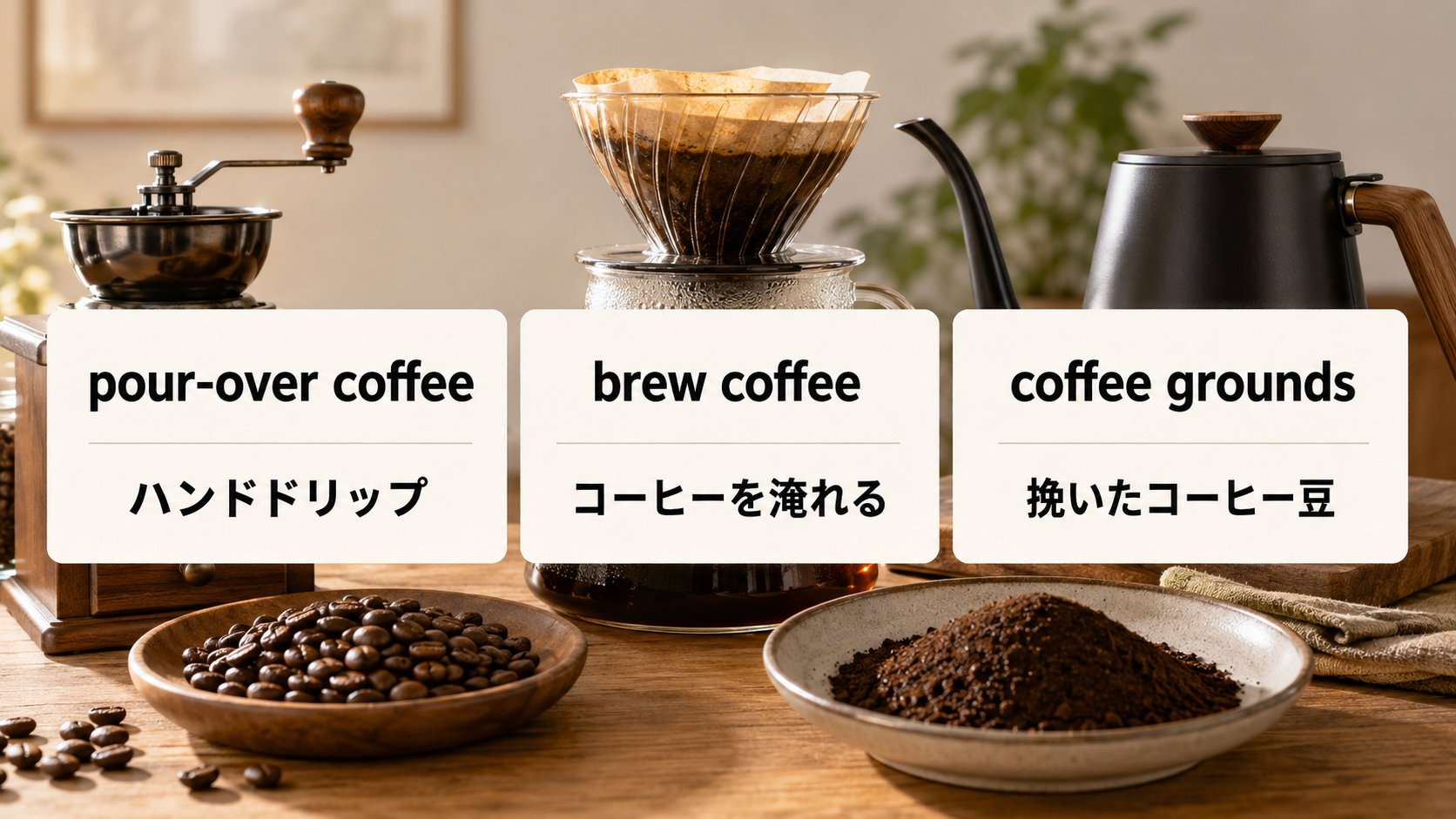 pour-over coffee brew coffee coffee grounds の意味と使い分け
