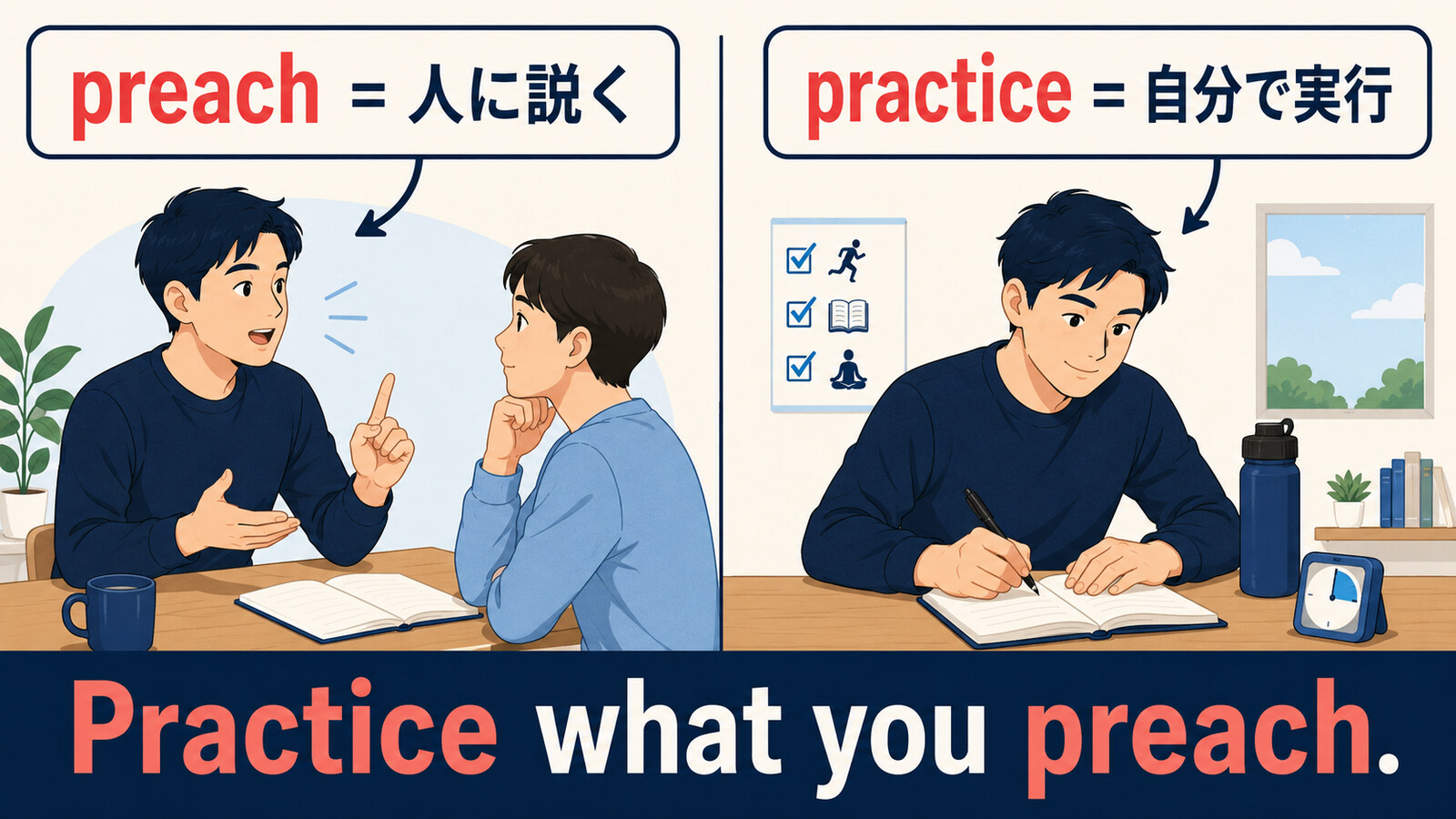 Practice what you preach.の直訳と実際のニュアンスを示す解説図