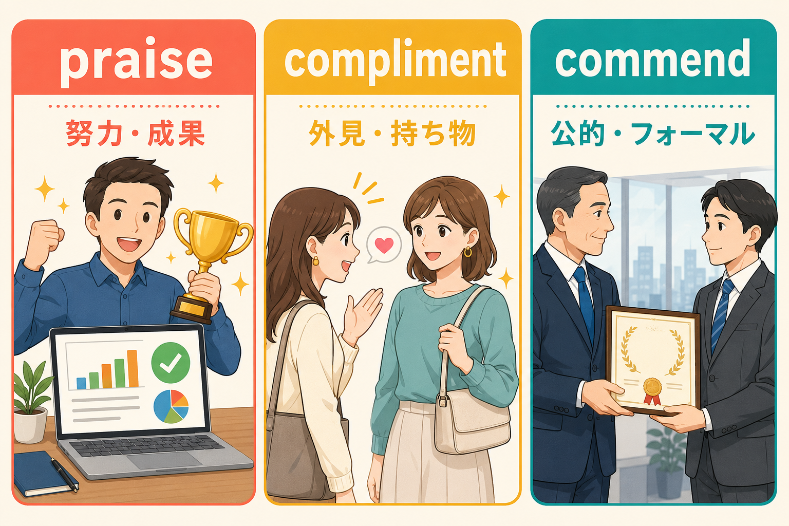 praise・compliment・commendの使い分け比較図