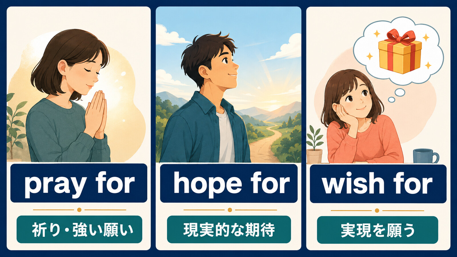 pray for・hope for・wish forのニュアンスの違いを比較する解説イラスト